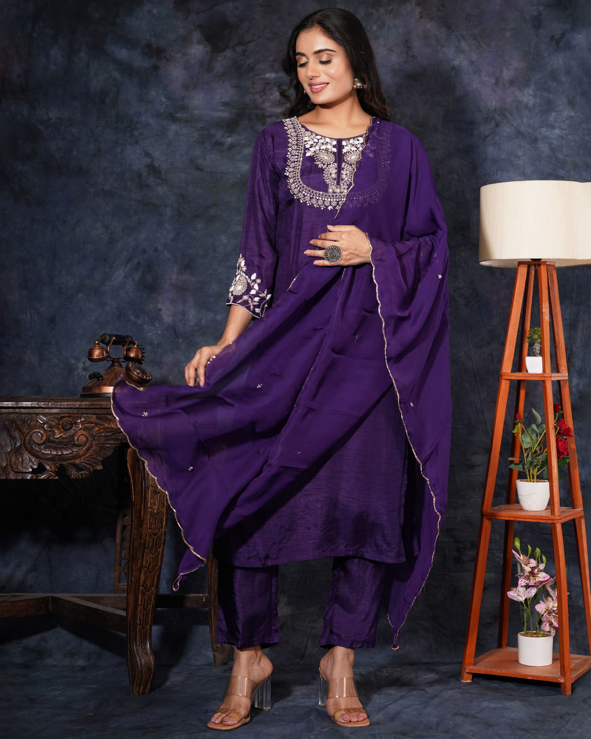 Purple Ethnic Embroidered Kurta Set with Pant & Dupatta - Prisachi Official