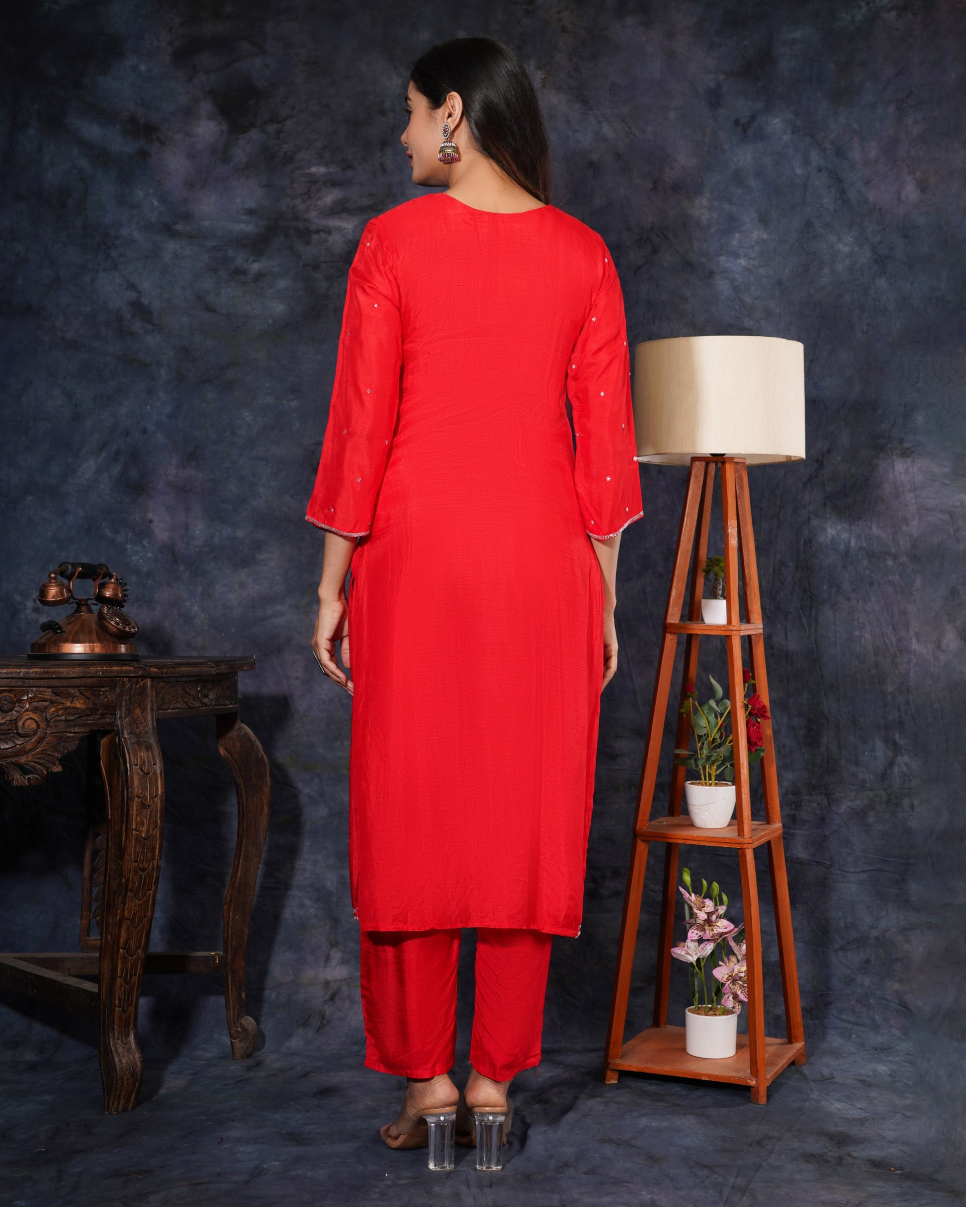 Red Designer Ethnic Embroidered Kurta Set with Pants and Dupatta - Prisachi Official