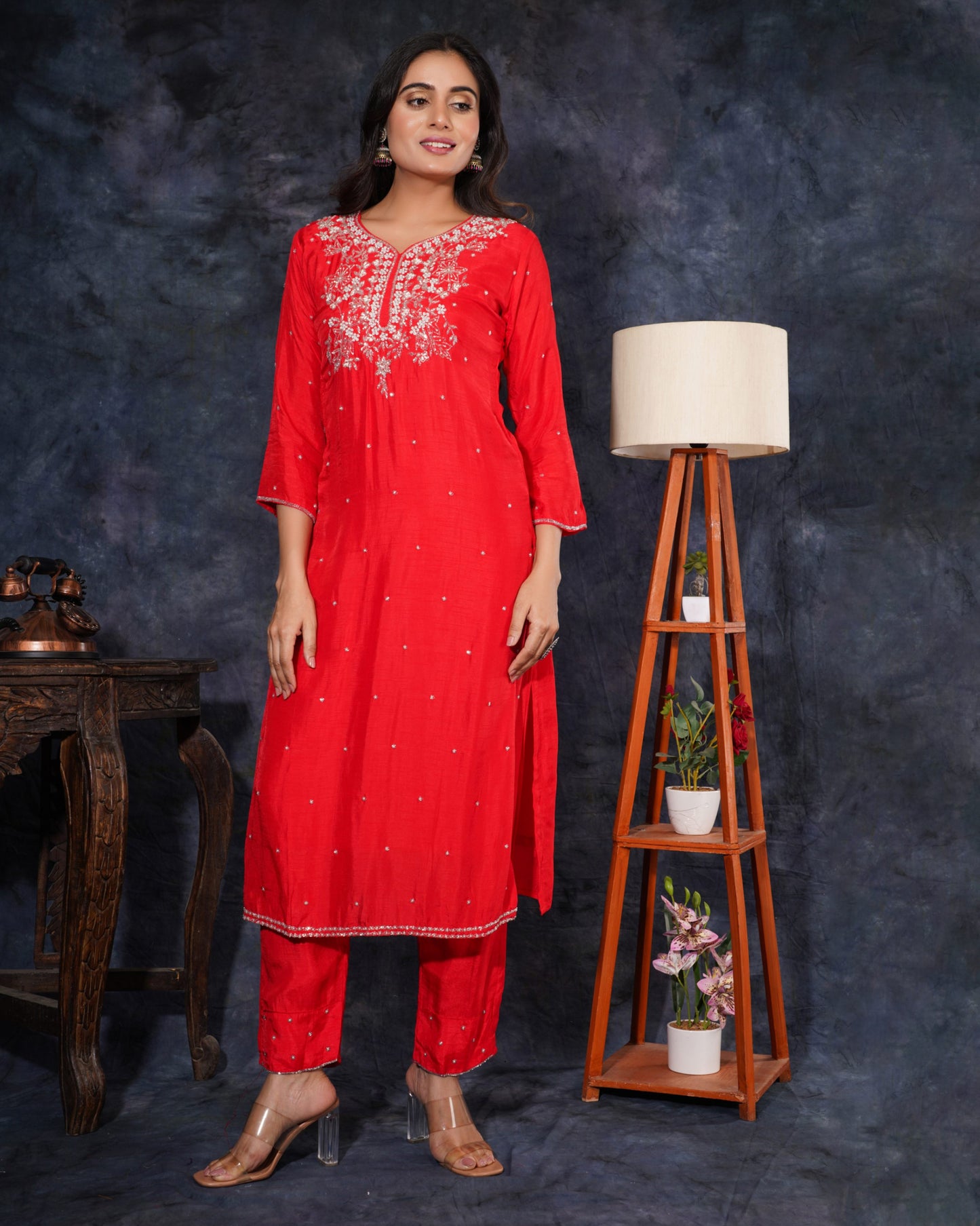 Red Designer Ethnic Embroidered Kurta Set with Pants and Dupatta - Prisachi Official