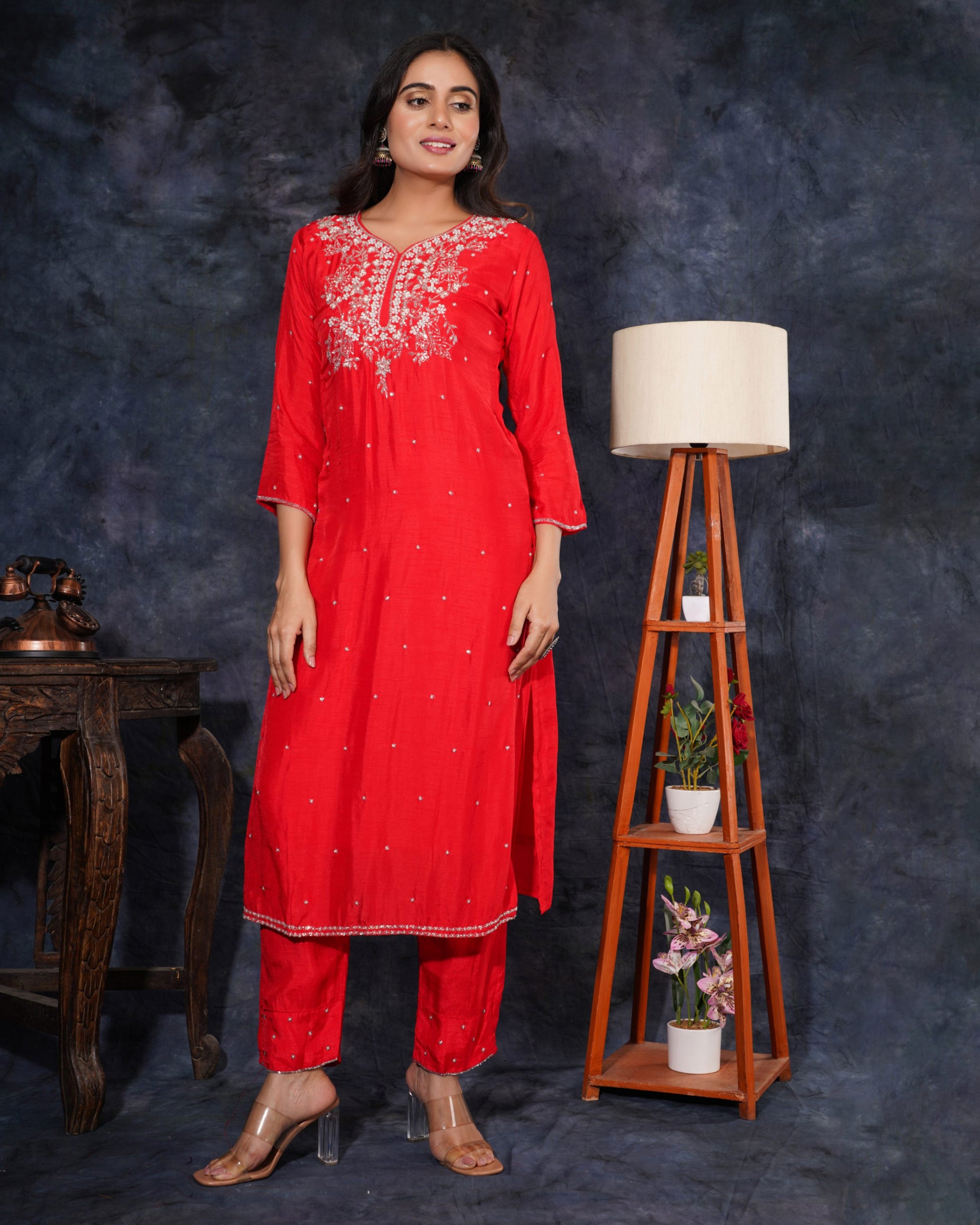 Red Designer Ethnic Embroidered Kurta Set with Pants and Dupatta - Prisachi Official