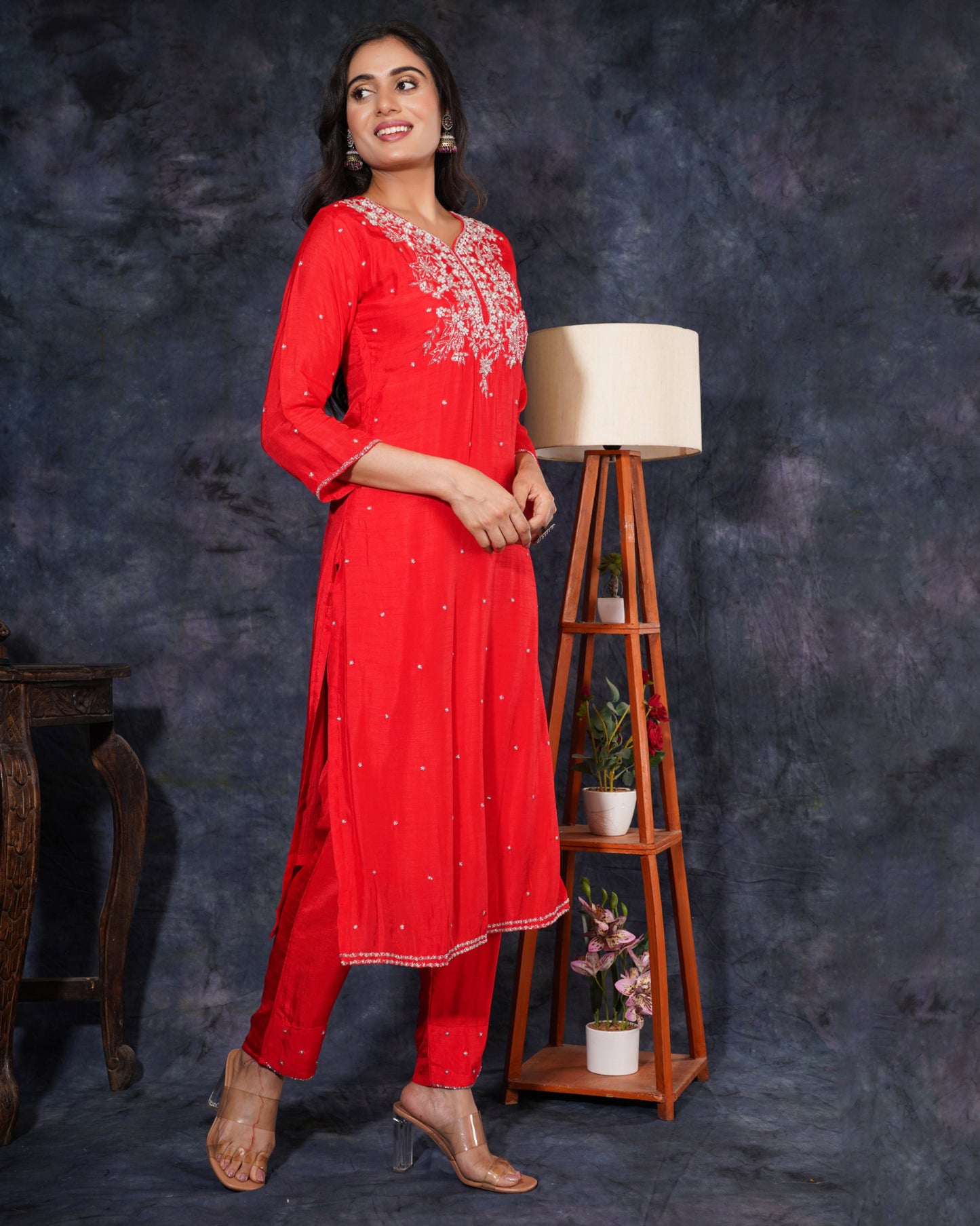 Red Designer Ethnic Embroidered Kurta Set with Pants and Dupatta - Prisachi Official