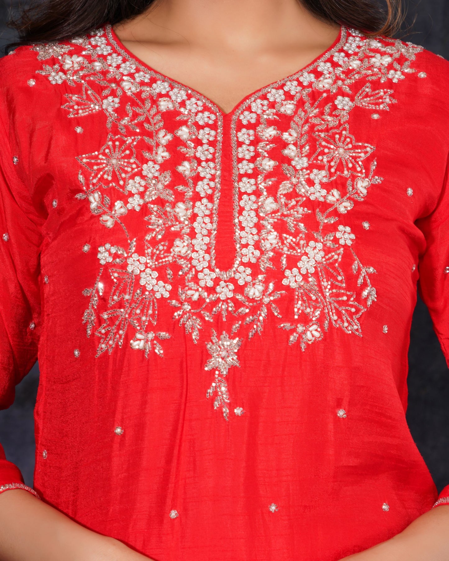 Red Designer Ethnic Embroidered Kurta Set with Pants and Dupatta - Prisachi Official
