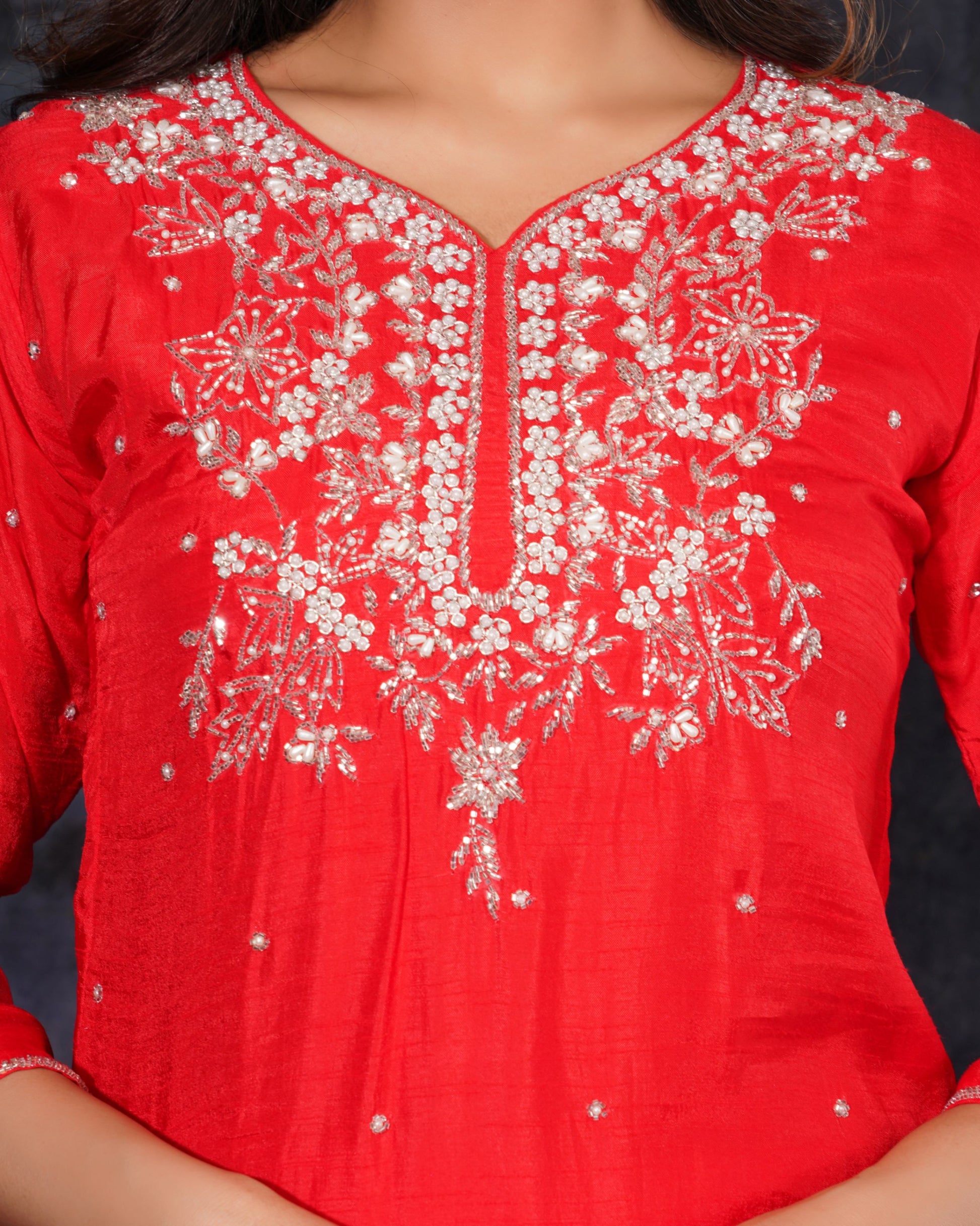 Red Designer Ethnic Embroidered Kurta Set with Pants and Dupatta - Prisachi Official