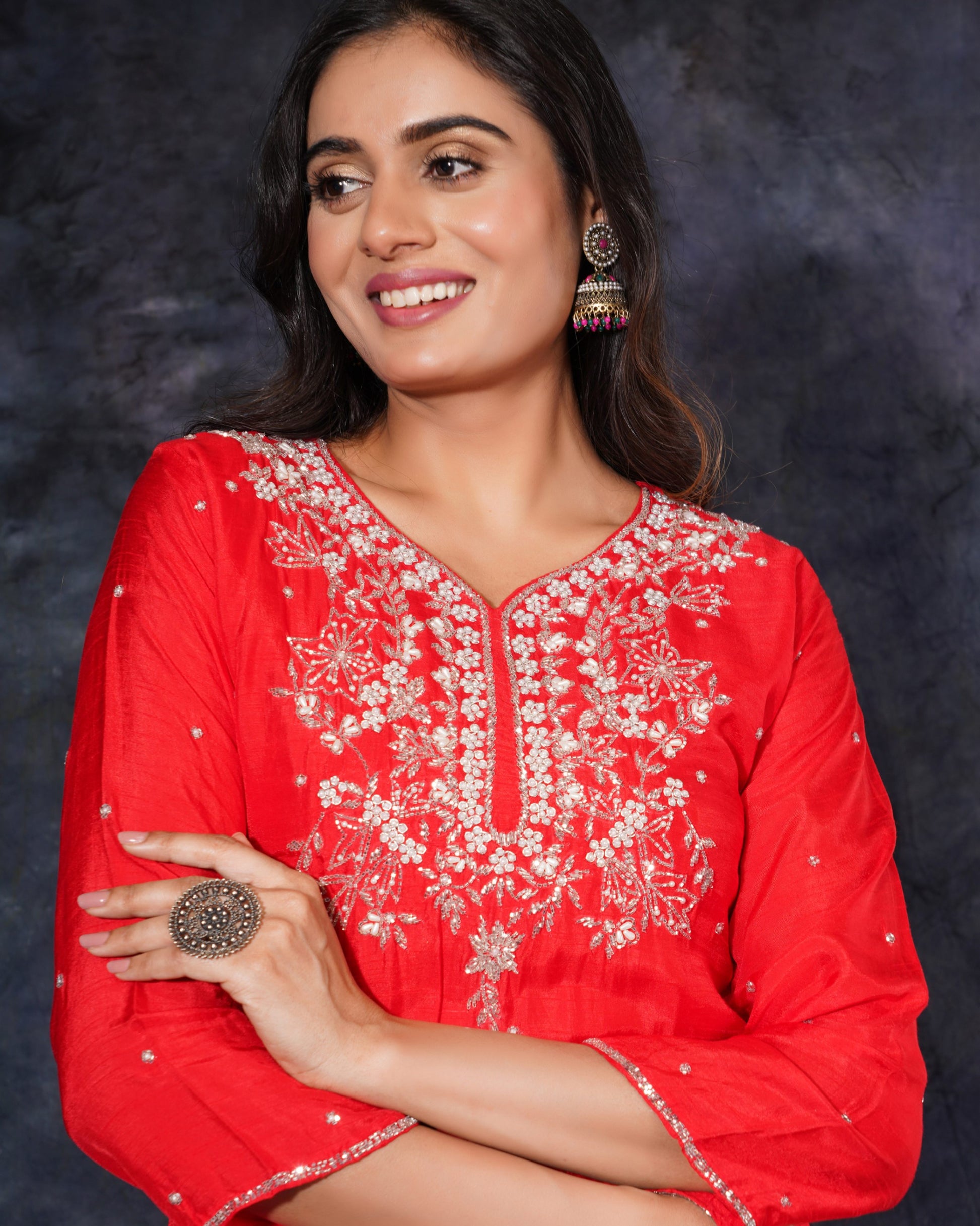 Red Designer Ethnic Embroidered Kurta Set with Pants and Dupatta - Prisachi Official