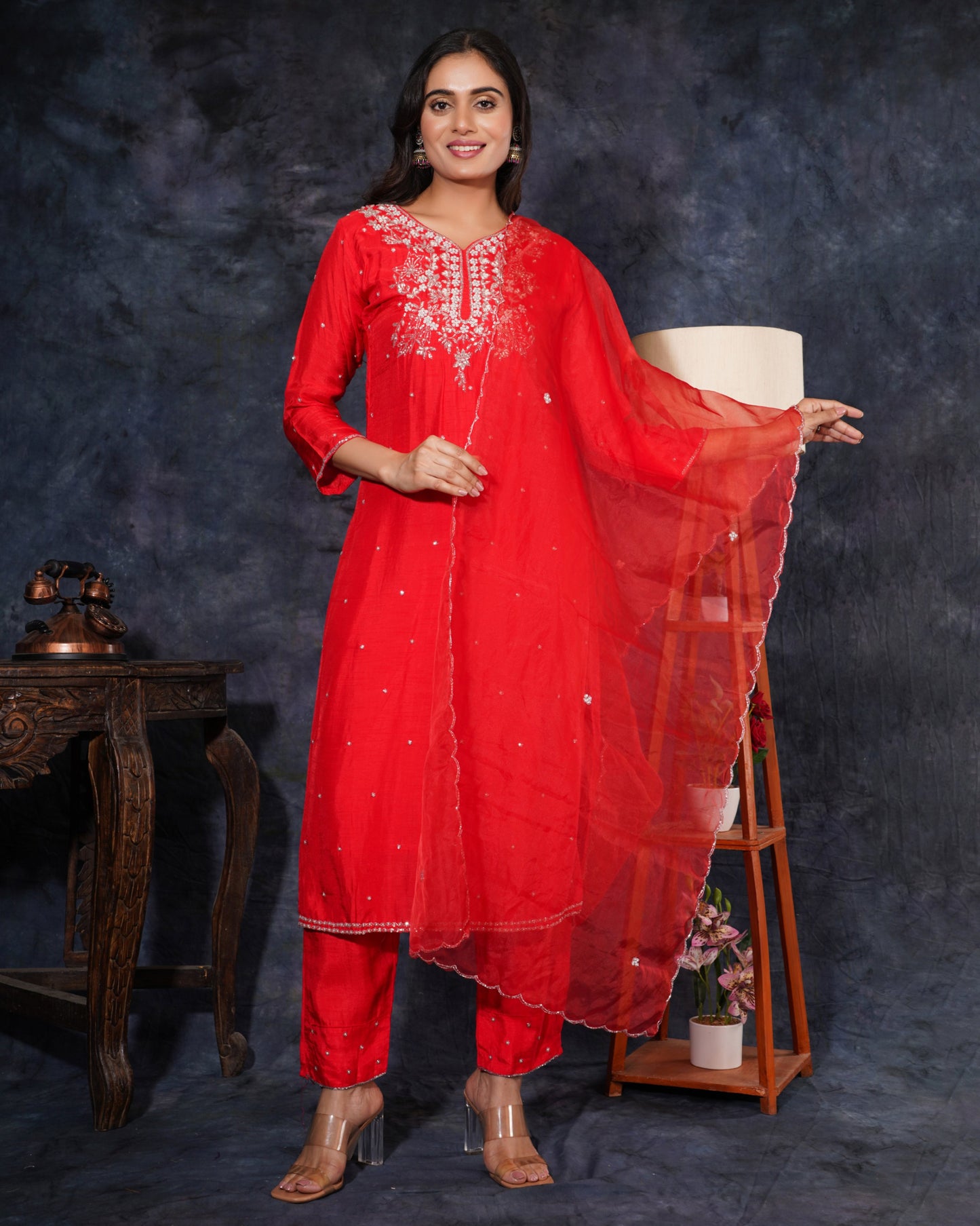 Red Designer Ethnic Embroidered Kurta Set with Pants and Dupatta - Prisachi Official