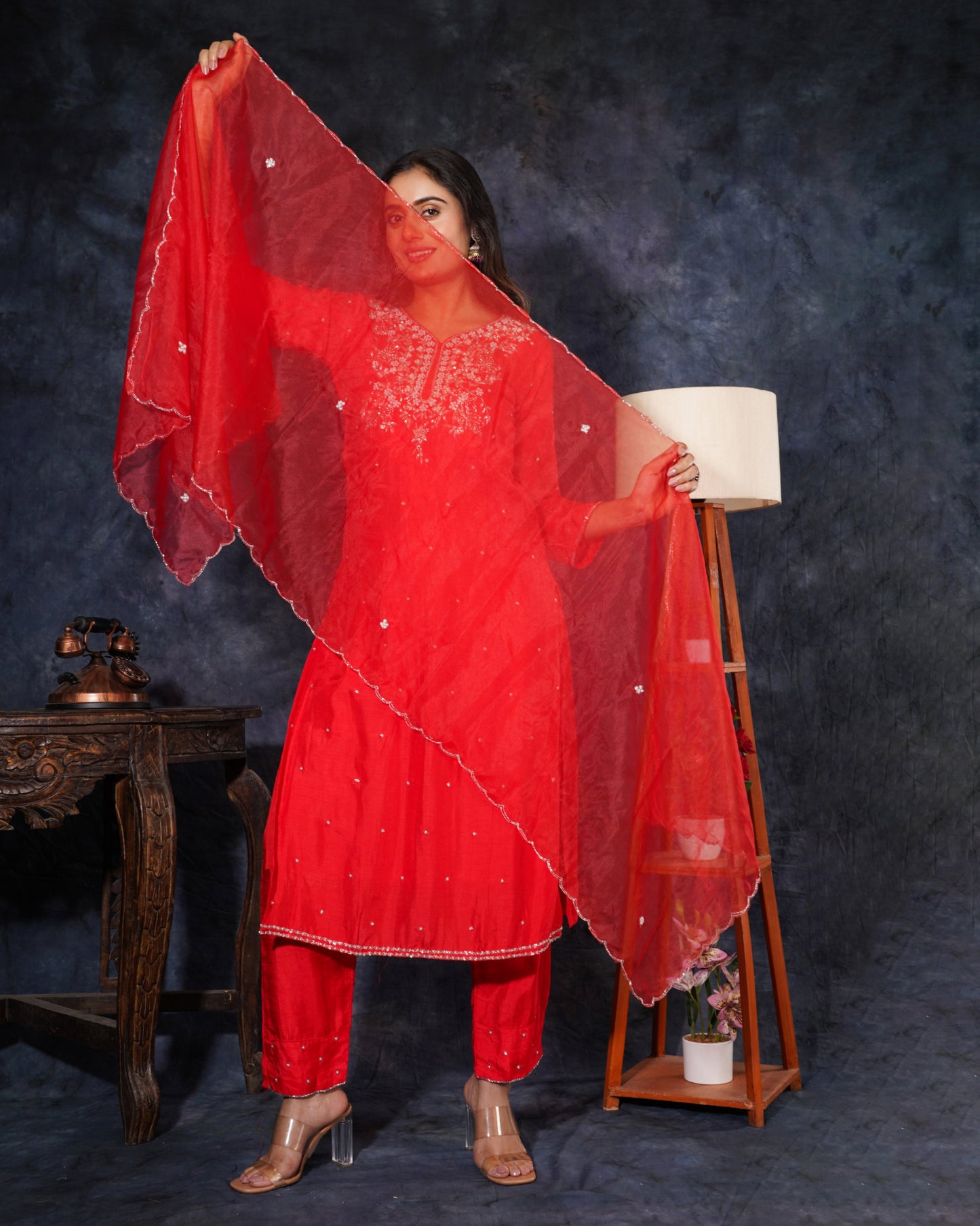 Red Designer Ethnic Embroidered Kurta Set with Pants and Dupatta - Prisachi Official