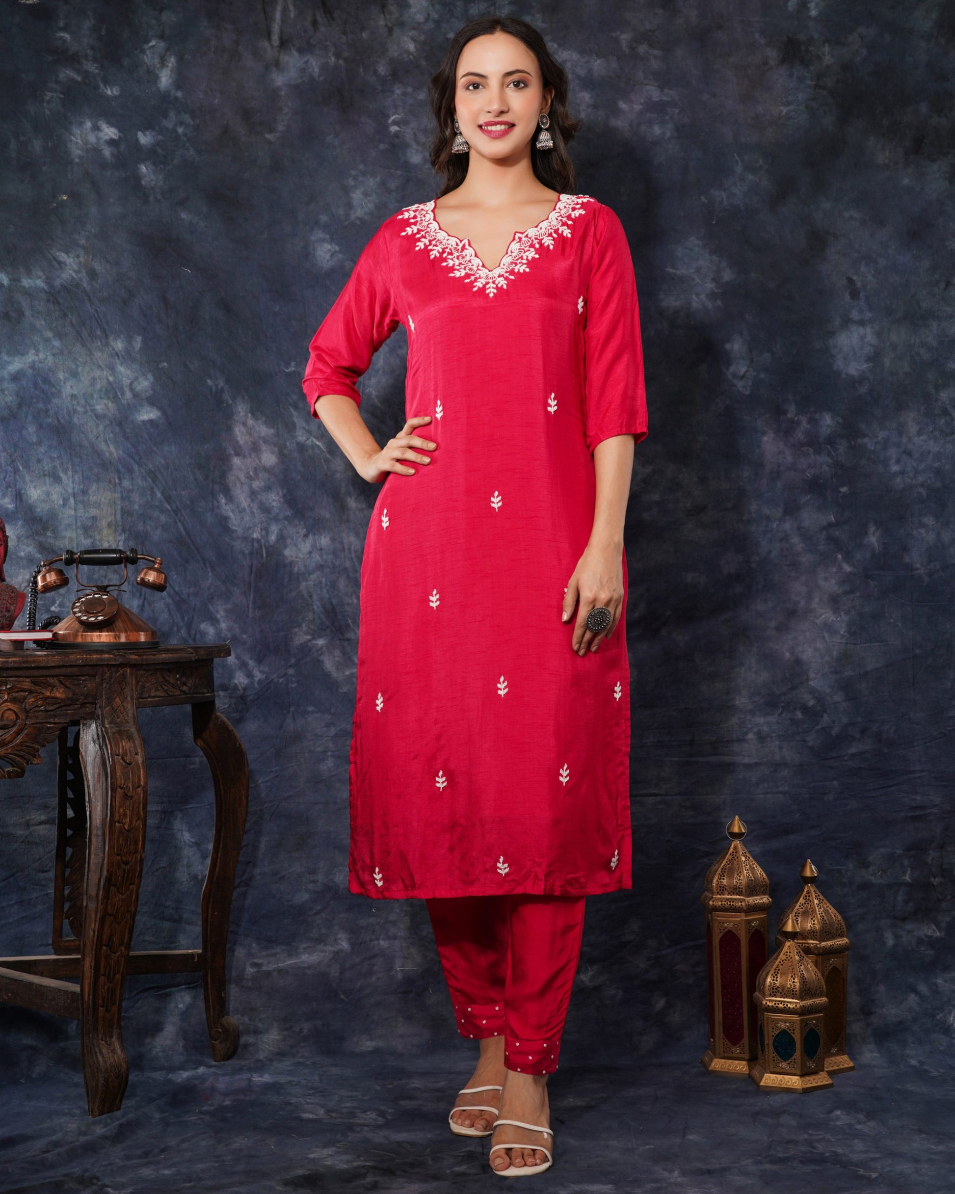 Pink Designer Embroidered Ethnic Kurta Set with Pant And Dupatta - Prisachi Official