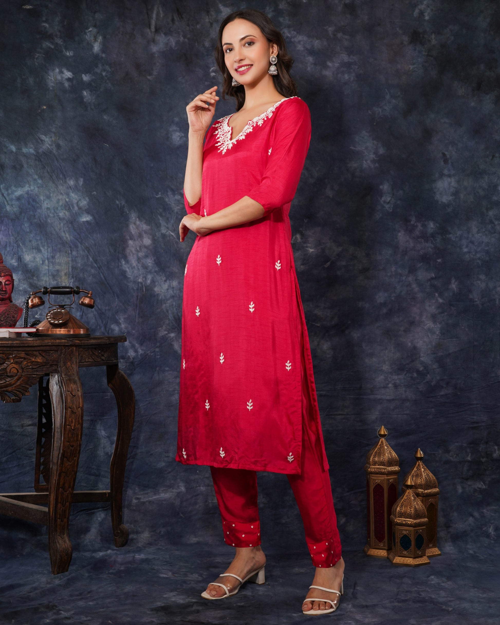 Pink Designer Embroidered Ethnic Kurta Set with Pant And Dupatta - Prisachi Official