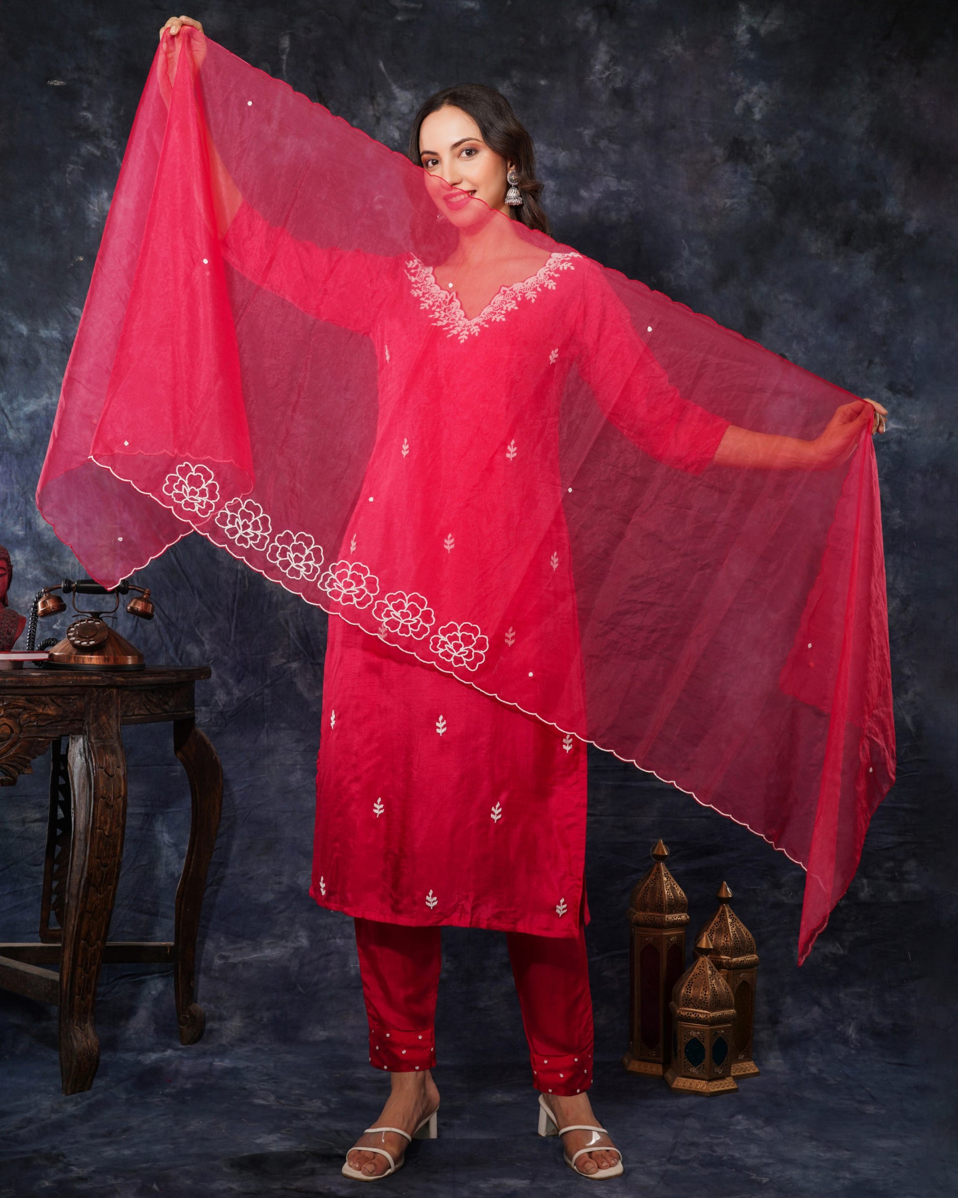 Pink Designer Embroidered Ethnic Kurta Set with Pant And Dupatta - Prisachi Official