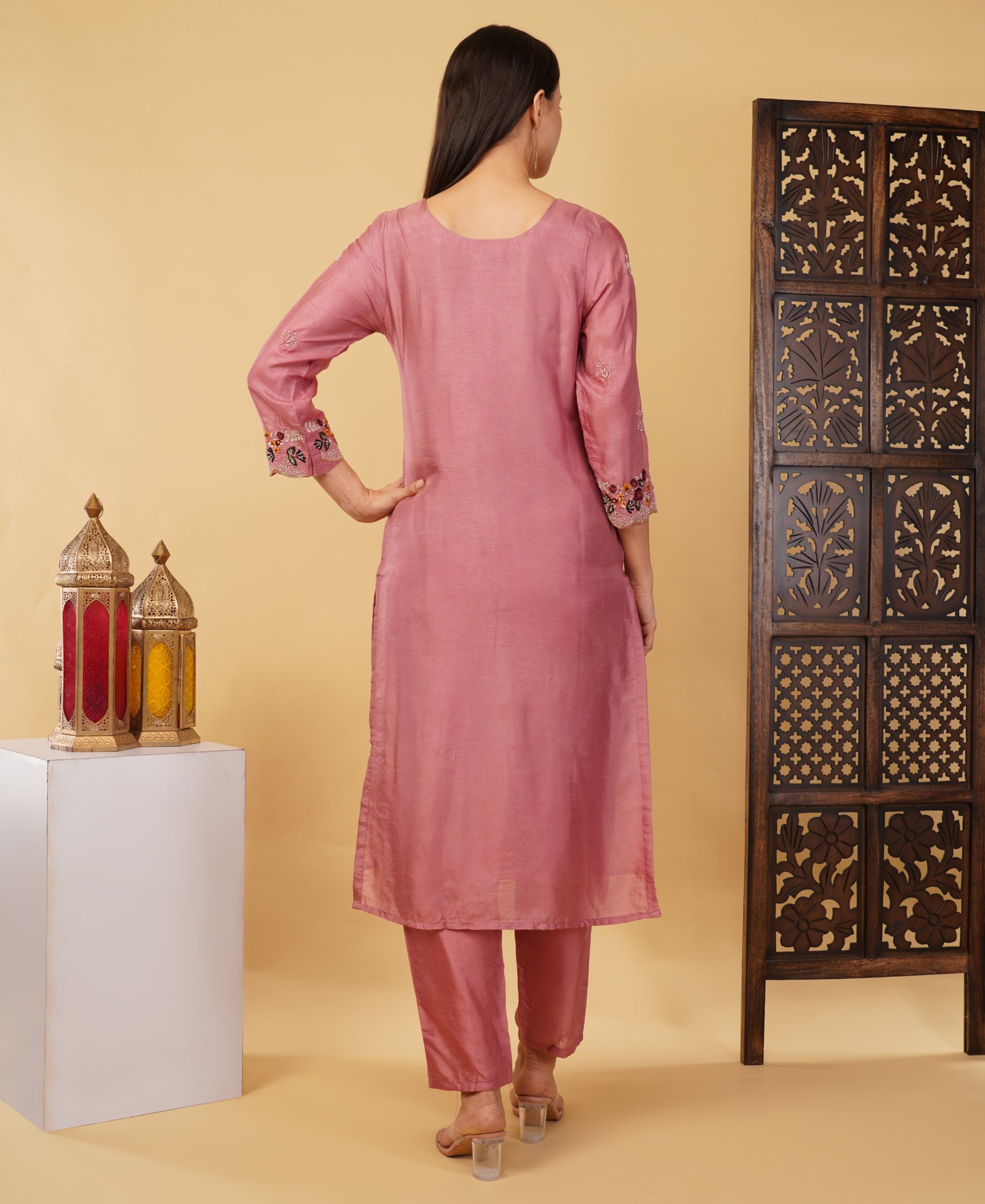 Pink Hand-Embroidered Ethnic Kurta Set with Pants & Dupatta - Prisachi Official