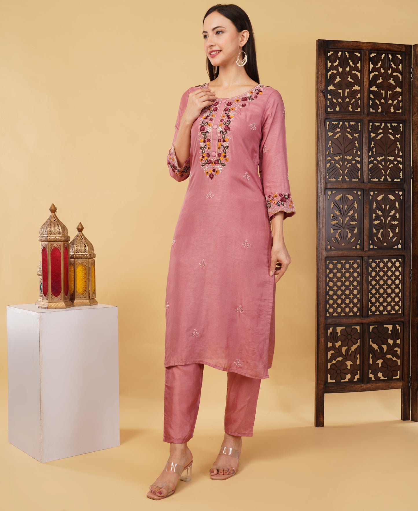 Pink Hand-Embroidered Ethnic Kurta Set with Pants & Dupatta - Prisachi Official