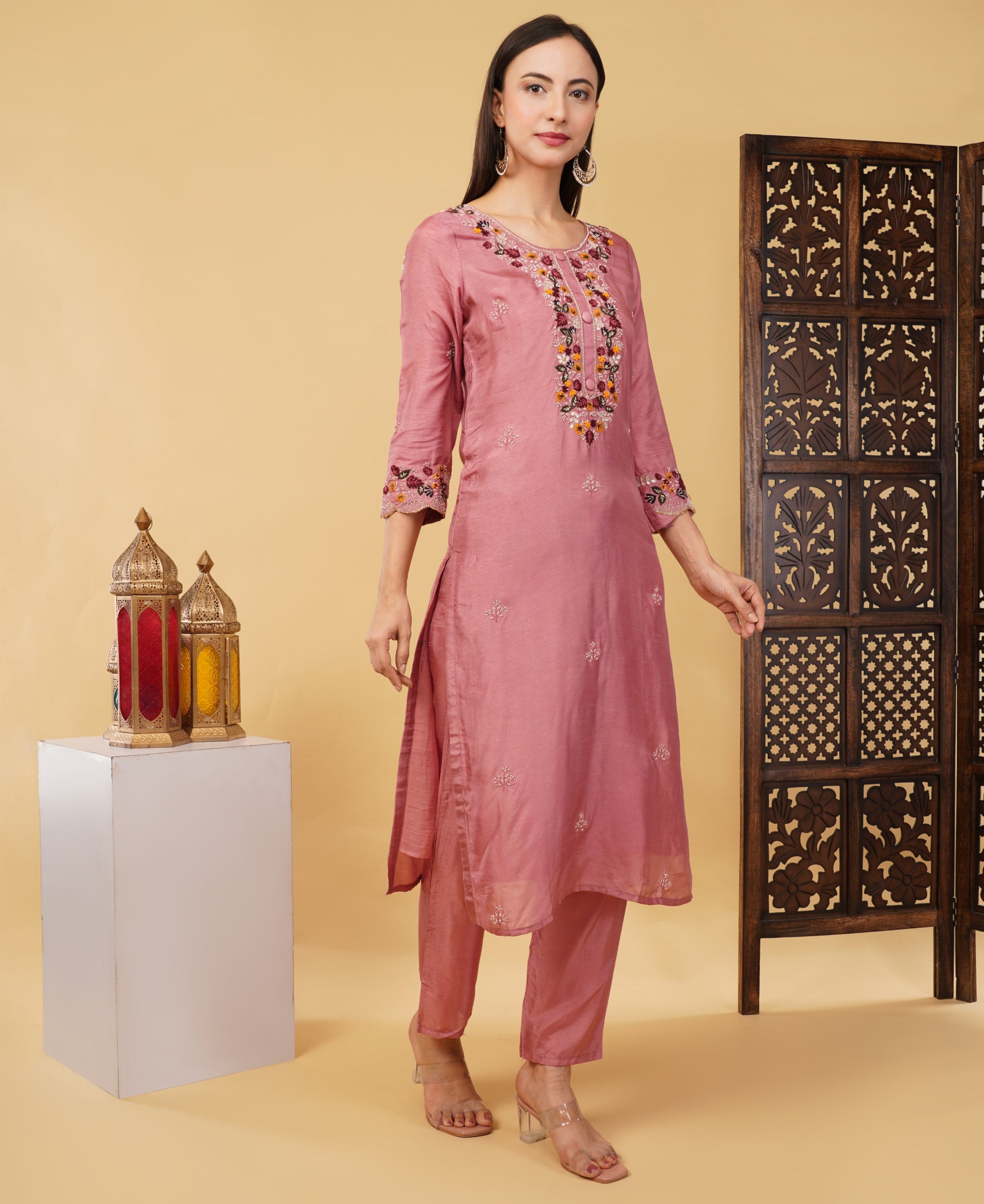 Pink Hand-Embroidered Ethnic Kurta Set with Pants & Dupatta - Prisachi Official