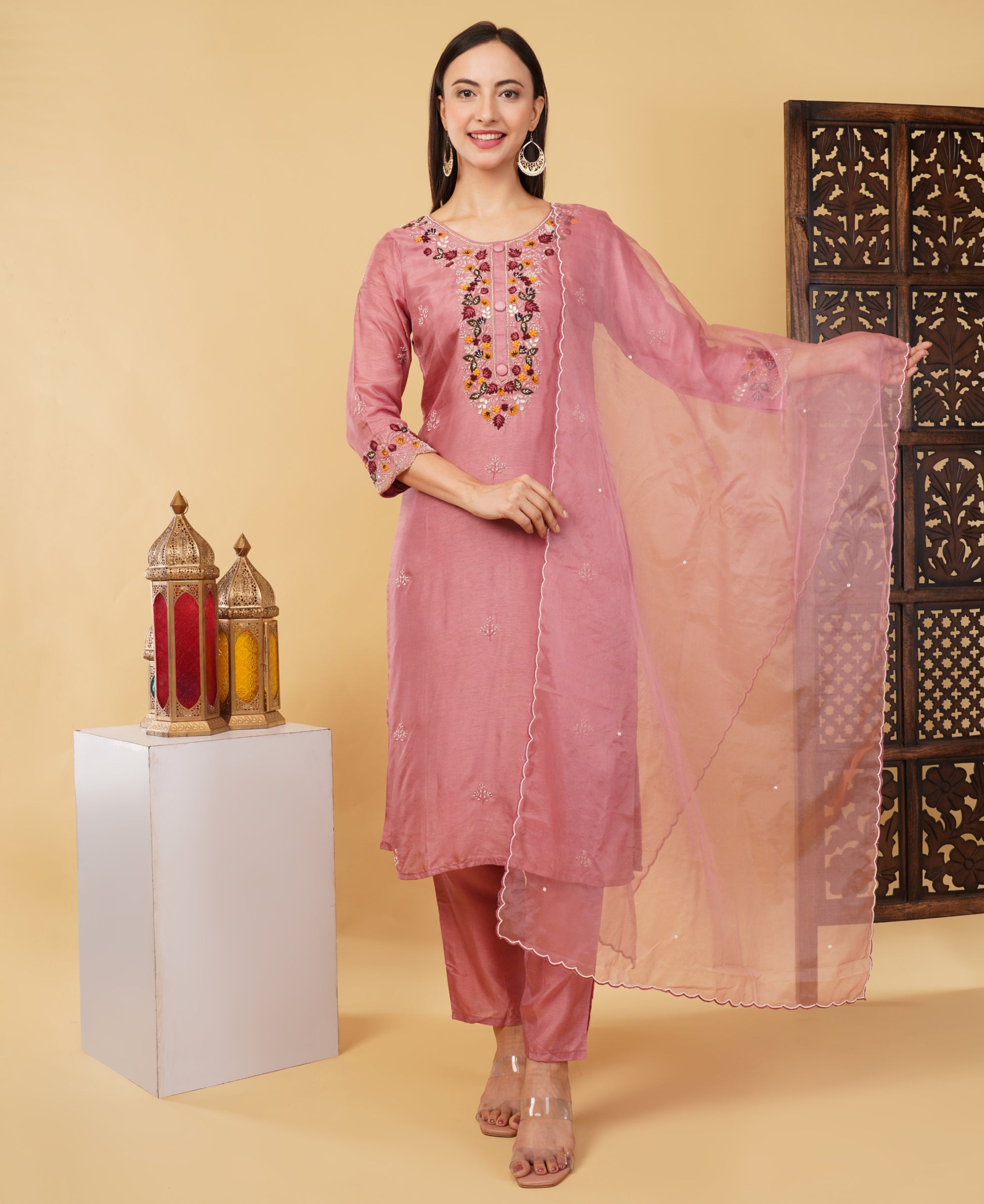 Pink Hand-Embroidered Ethnic Kurta Set with Pants & Dupatta - Prisachi Official