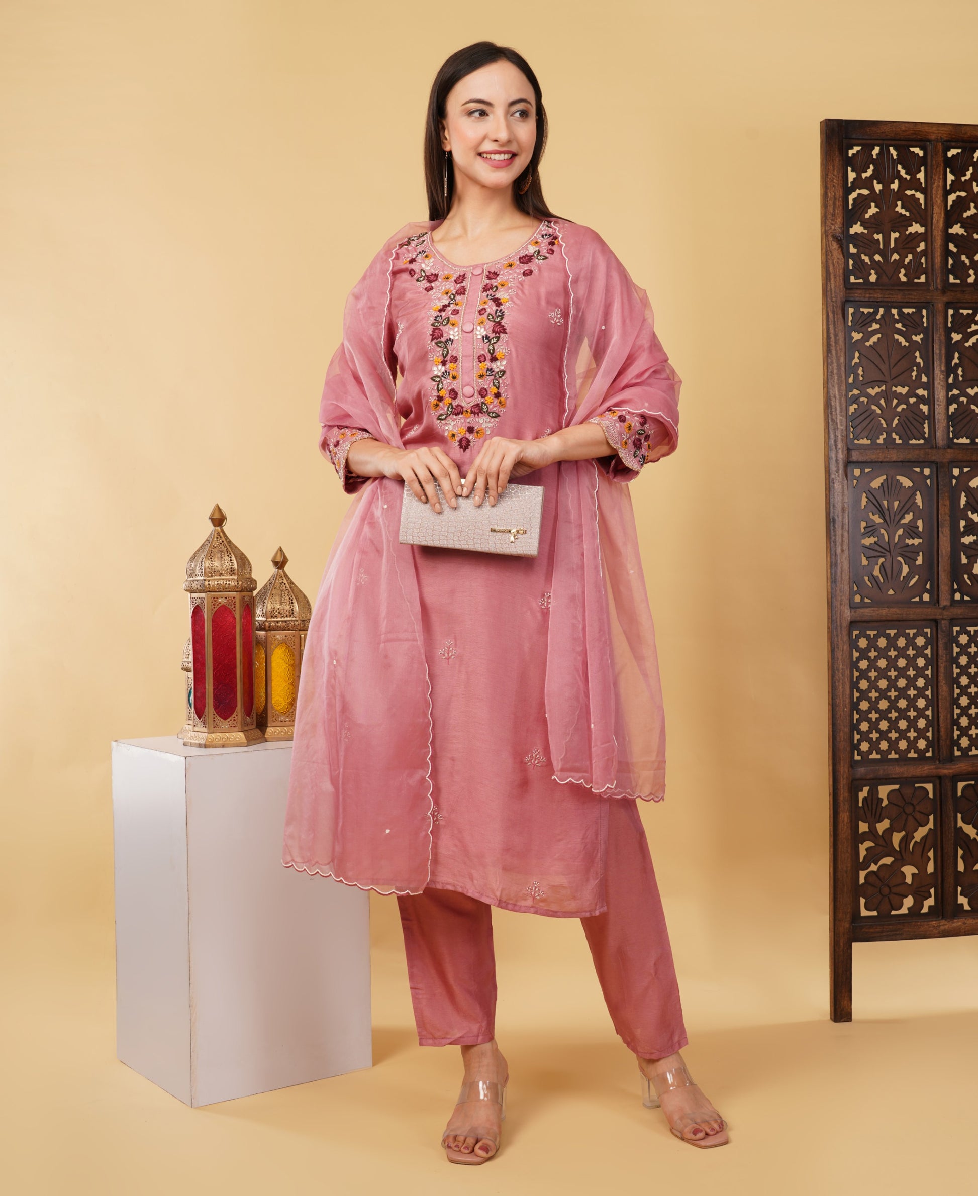 Pink Hand-Embroidered Ethnic Kurta Set with Pants & Dupatta - Prisachi Official
