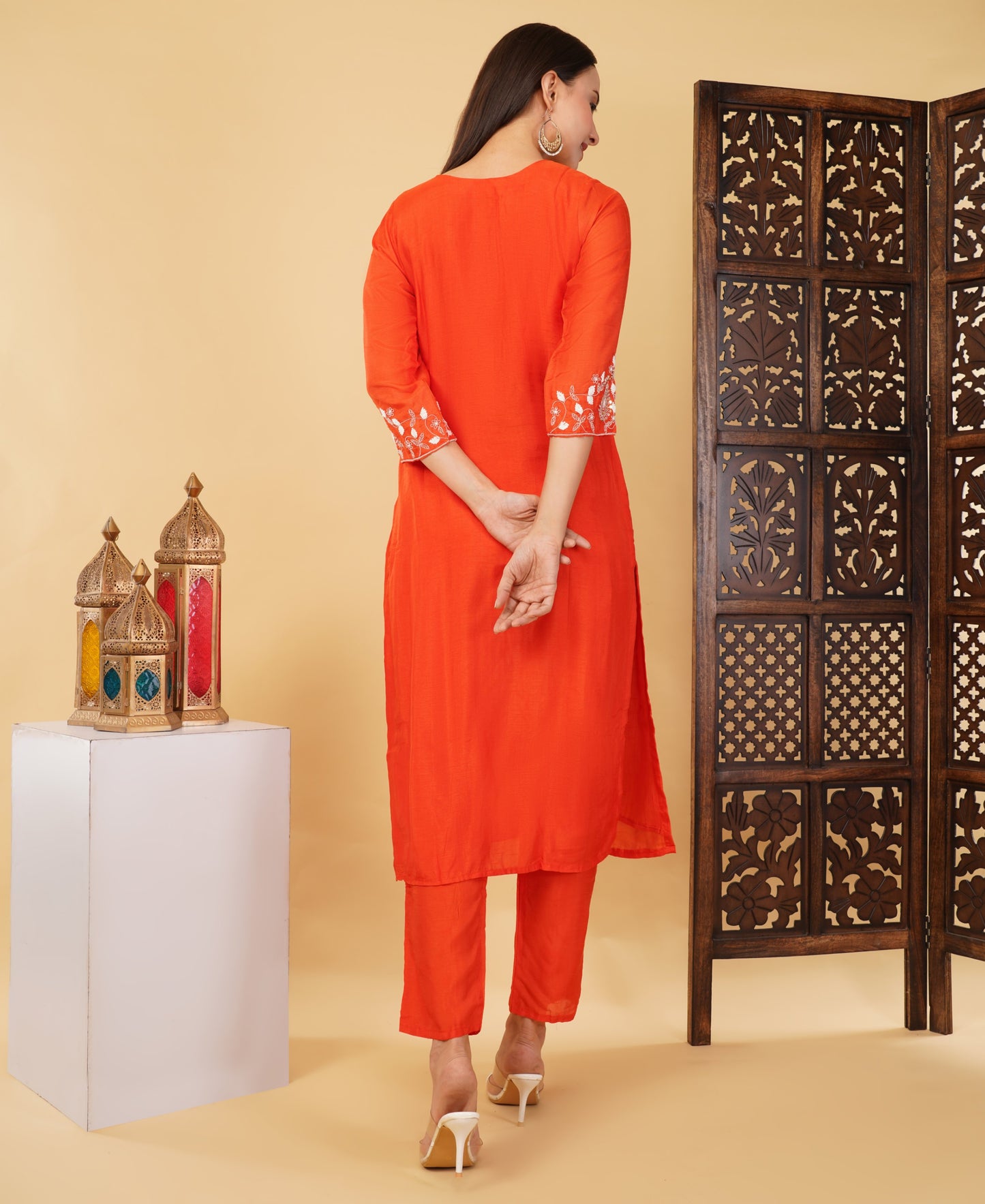Orange Designer Ethnic Embroidered Kurta Set with Pant & Dupatta - Prisachi Official