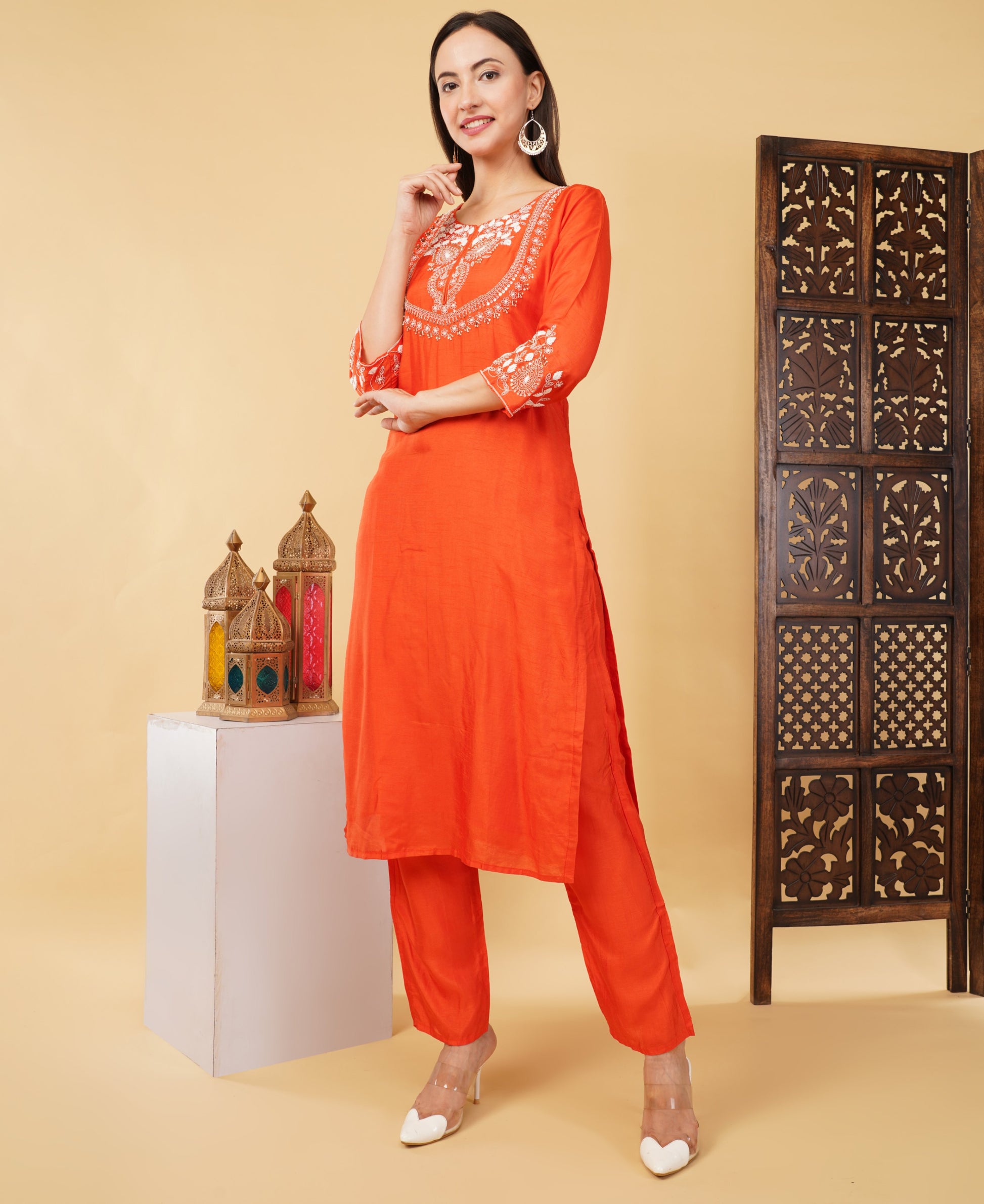 Orange Designer Ethnic Embroidered Kurta Set with Pant & Dupatta - Prisachi Official