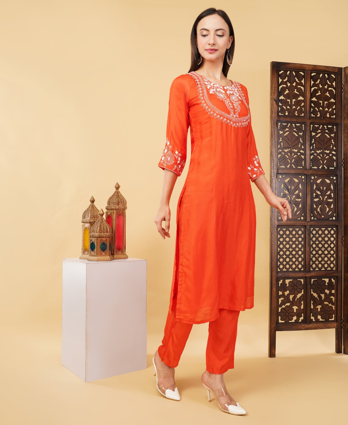 Orange Designer Ethnic Embroidered Kurta Set with Pant & Dupatta - Prisachi Official