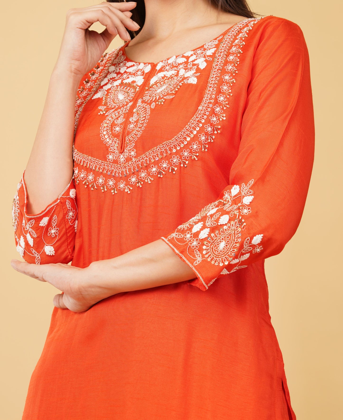 Orange Designer Ethnic Embroidered Kurta Set with Pant & Dupatta - Prisachi Official