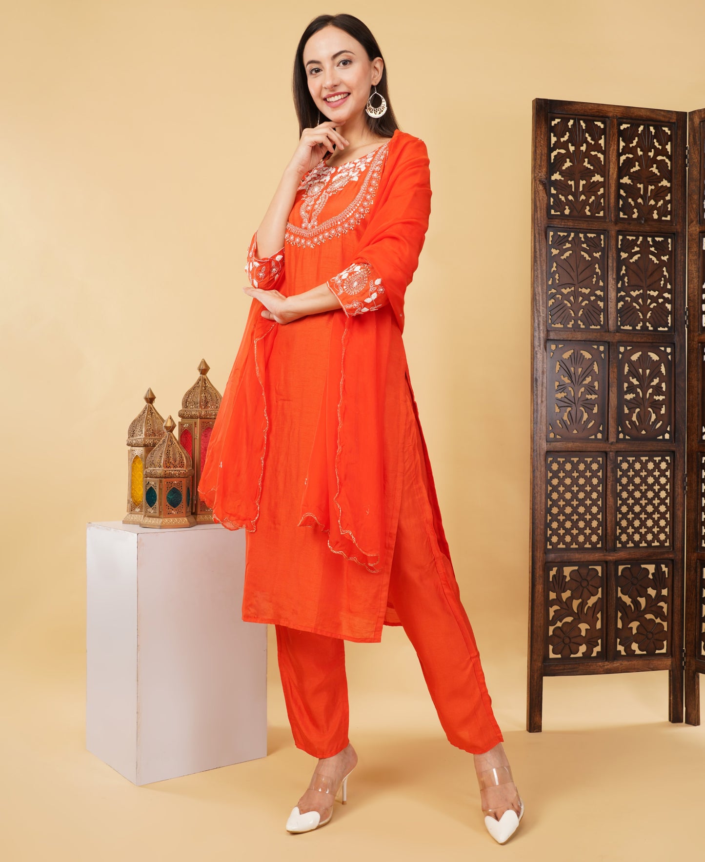 Orange Designer Ethnic Embroidered Kurta Set with Pant & Dupatta - Prisachi Official