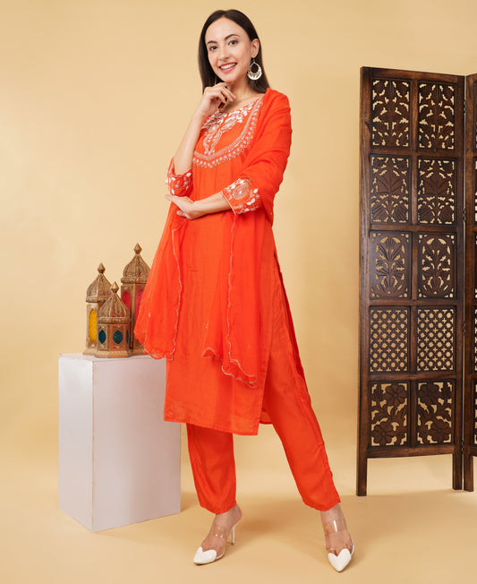 Orange Designer Ethnic Embroidered Kurta Set with Pant & Dupatta - Prisachi Official