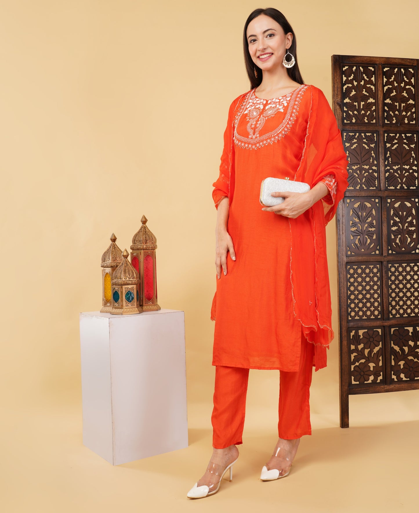 Orange Designer Ethnic Embroidered Kurta Set with Pant & Dupatta - Prisachi Official