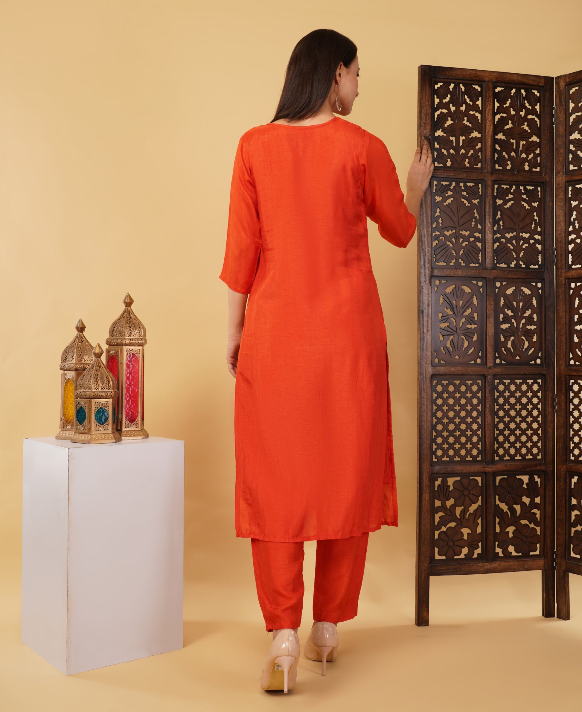 Orange Embroidered Ethnic Kurta Set with Pant & Dupatta - Prisachi Official