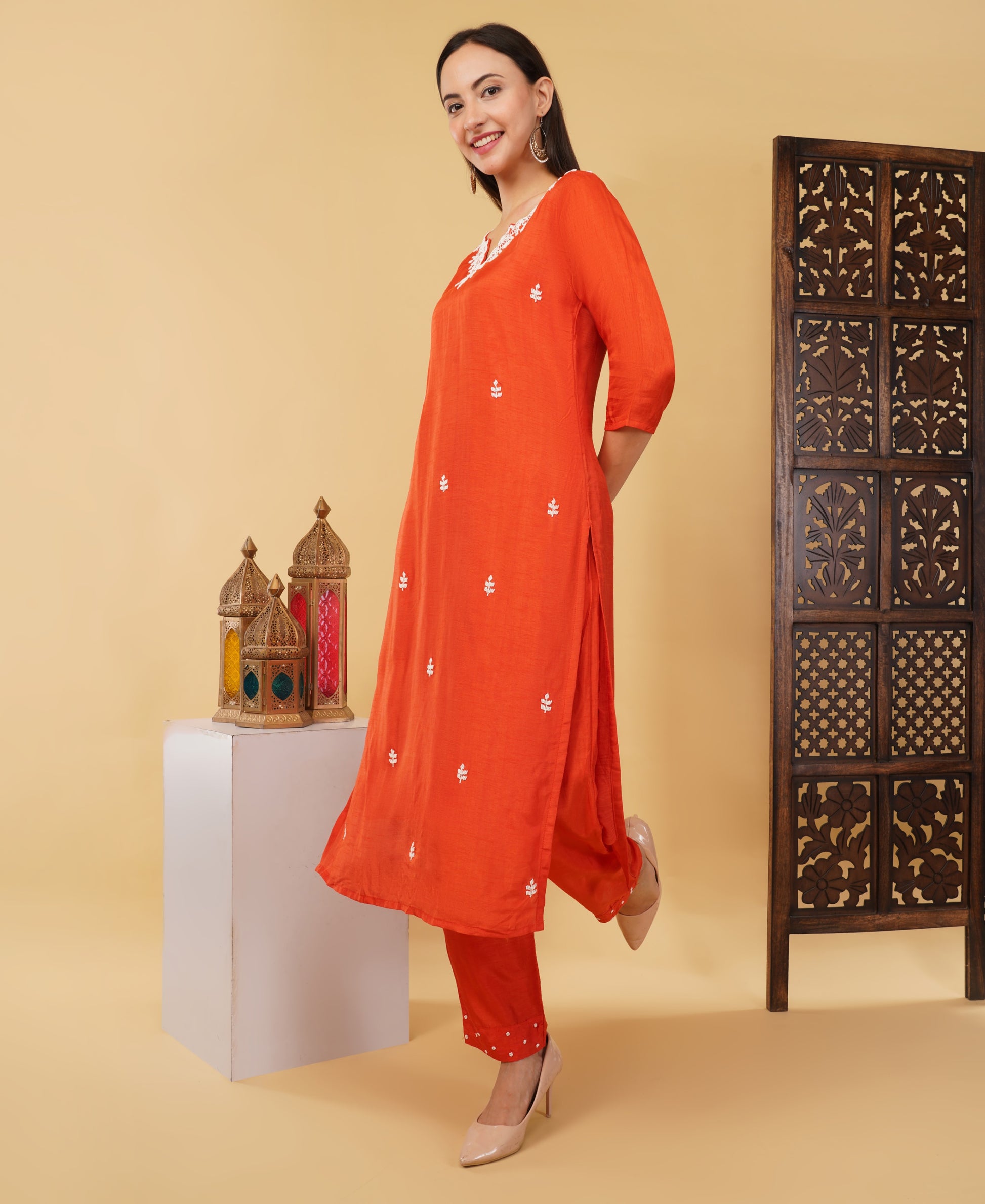 Orange Embroidered Ethnic Kurta Set with Pant & Dupatta - Prisachi Official