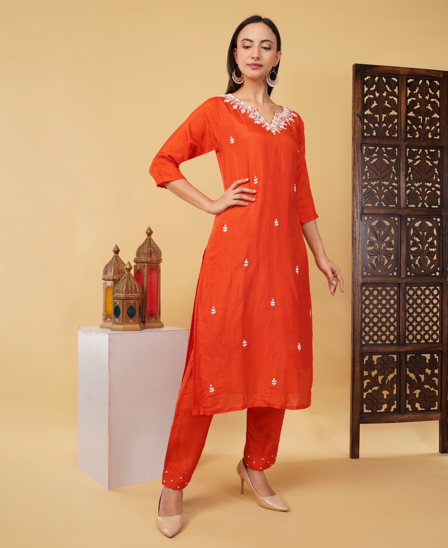 Orange Embroidered Ethnic Kurta Set with Pant & Dupatta - Prisachi Official