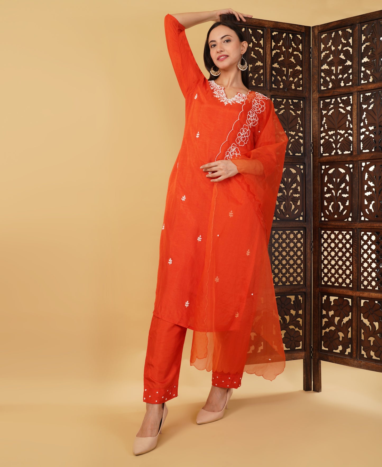 Orange Embroidered Ethnic Kurta Set with Pant & Dupatta - Prisachi Official