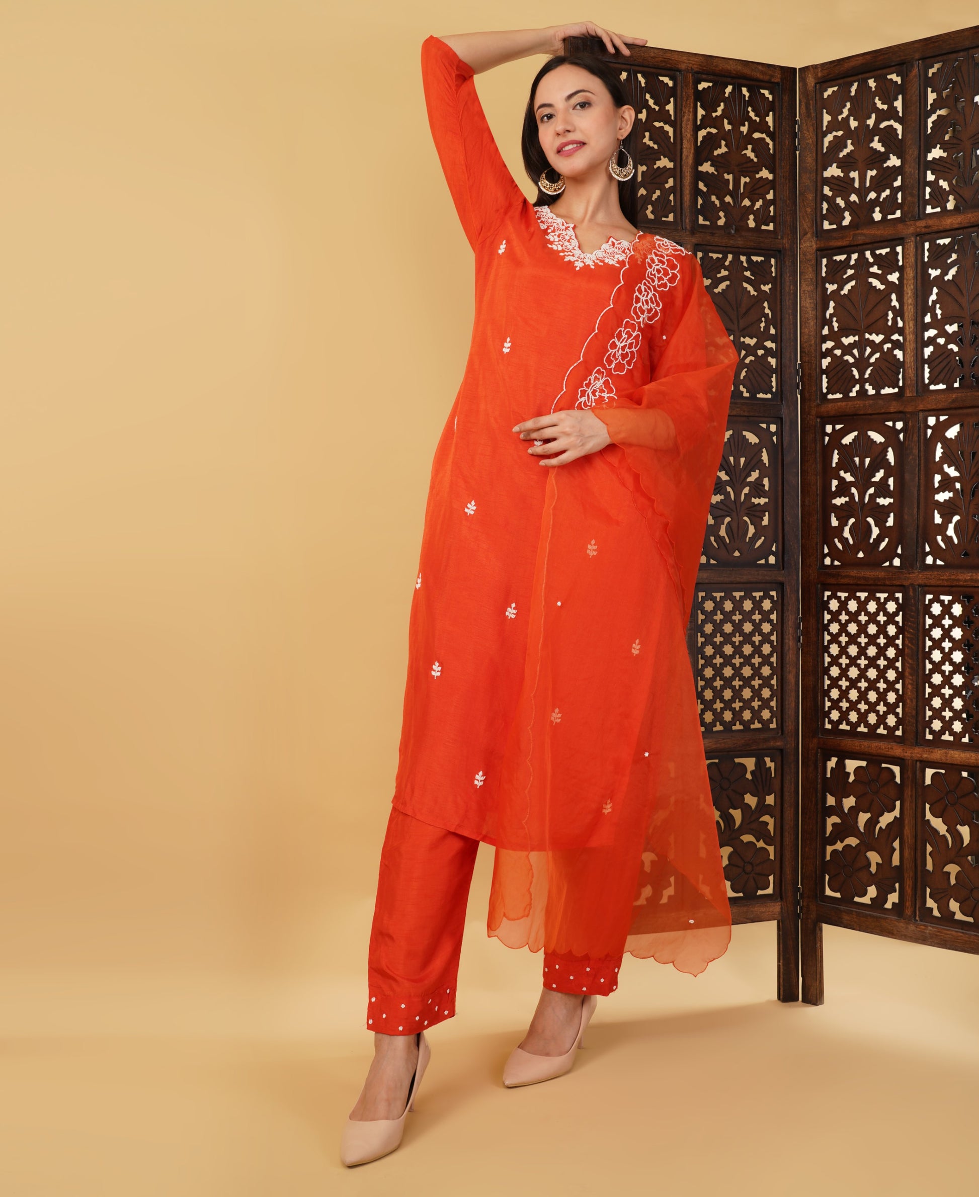Orange Embroidered Ethnic Kurta Set with Pant & Dupatta - Prisachi Official