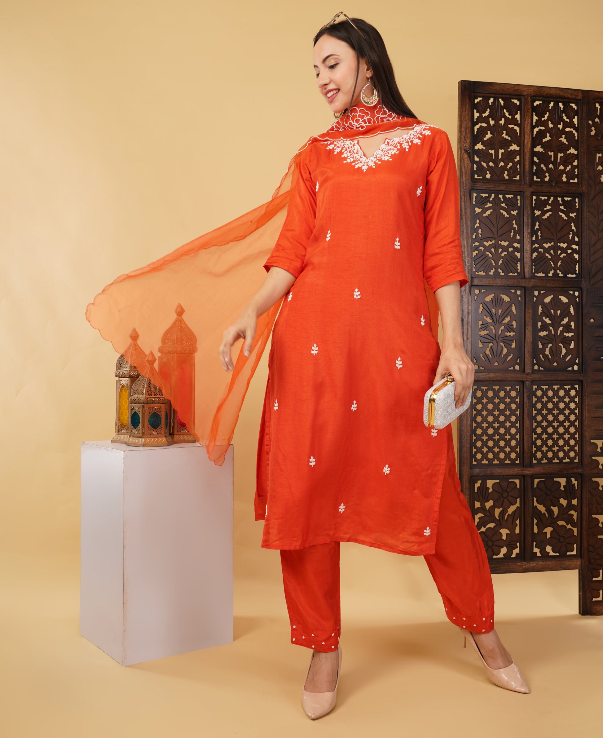 Orange Embroidered Ethnic Kurta Set with Pant & Dupatta - Prisachi Official