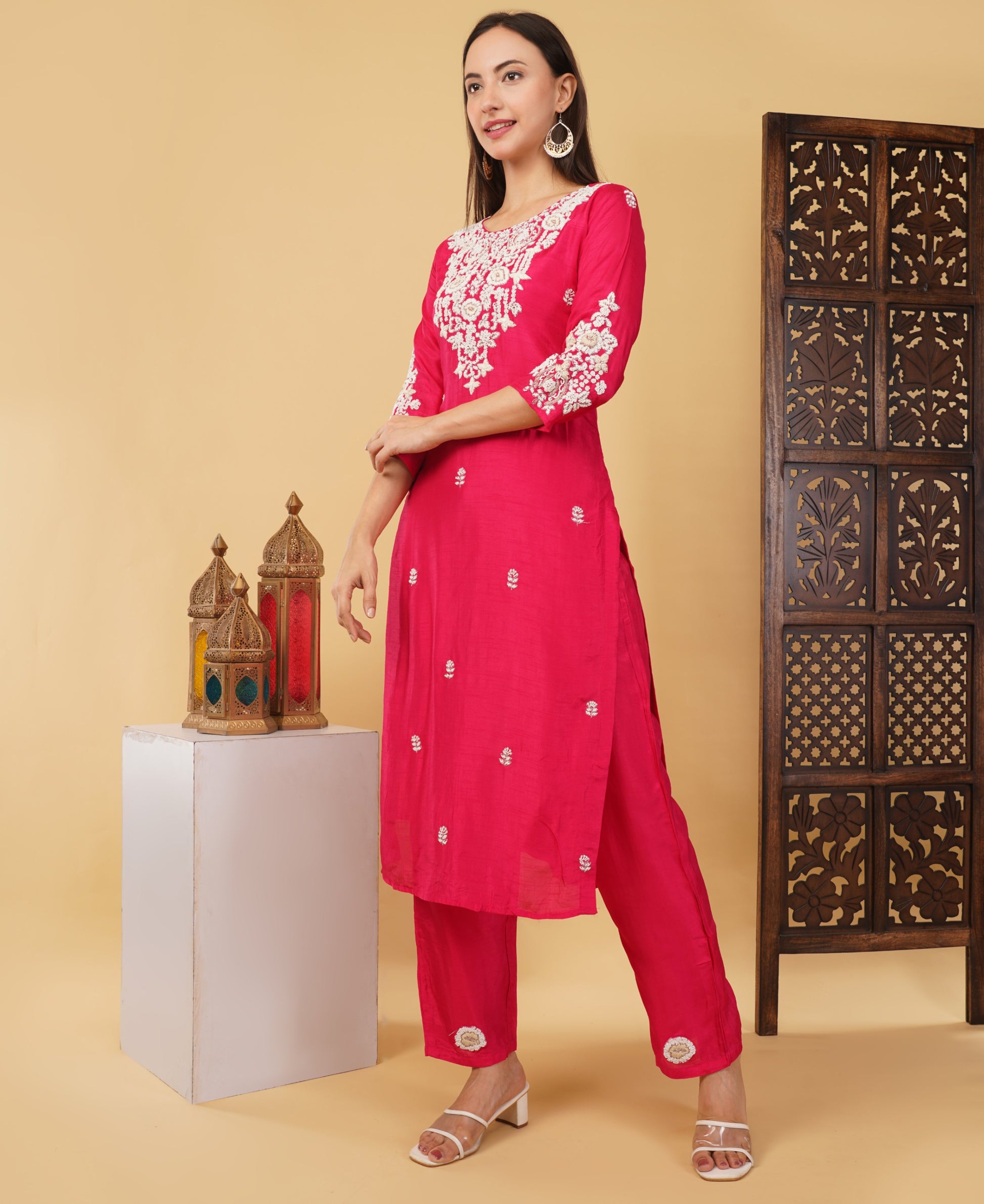 Pink Designer Ethnic Embroidered Kurta Set with Dupatta & Pants - Prisachi Official