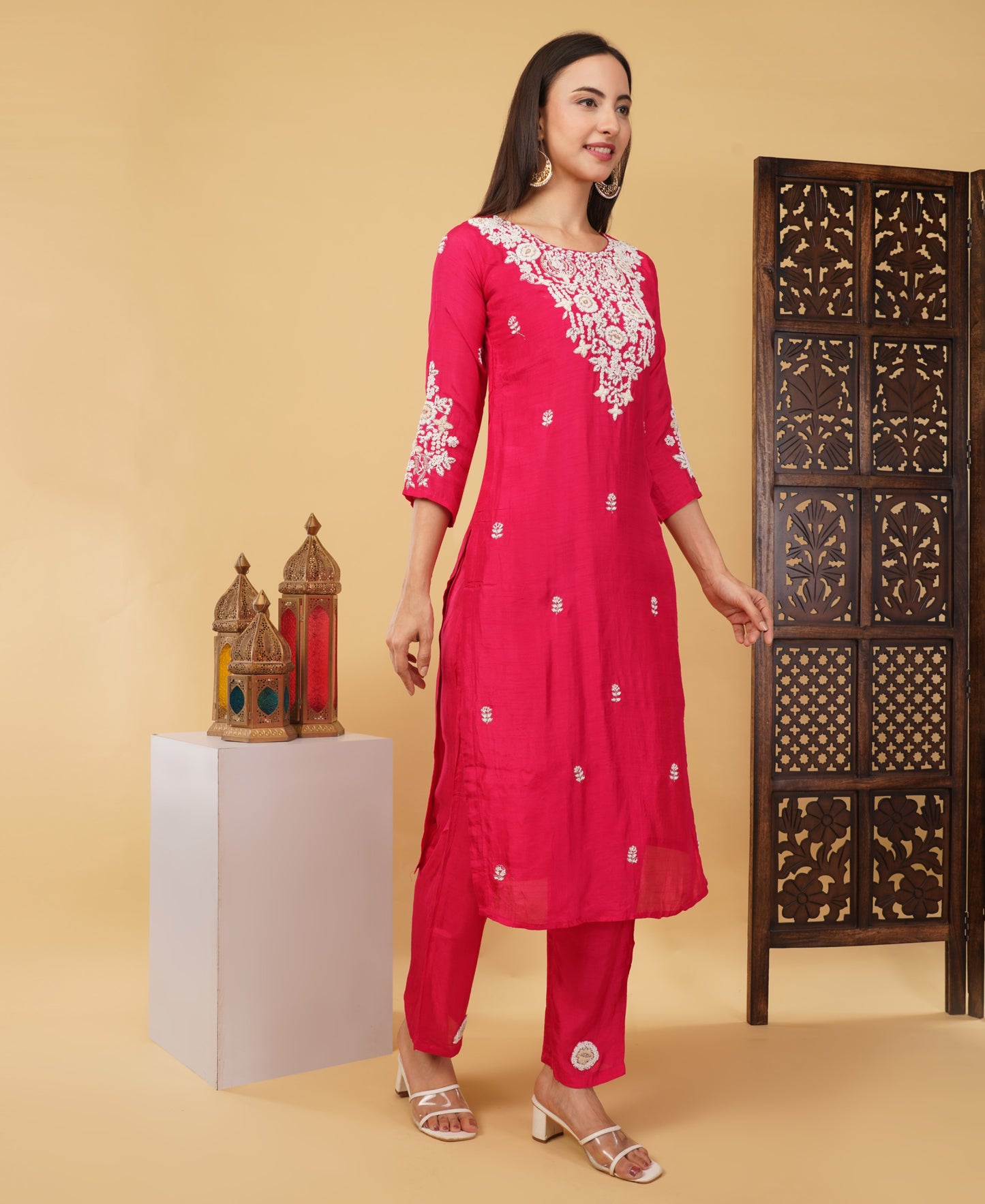 Pink Designer Ethnic Embroidered Kurta Set with Dupatta & Pants - Prisachi Official