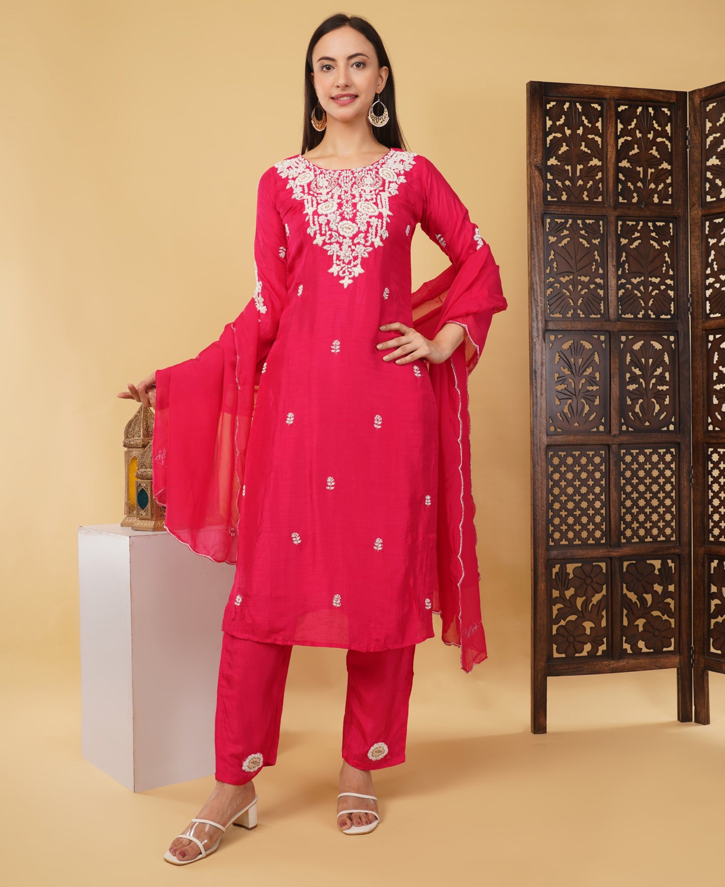 Pink Designer Ethnic Embroidered Kurta Set with Dupatta & Pants - Prisachi Official