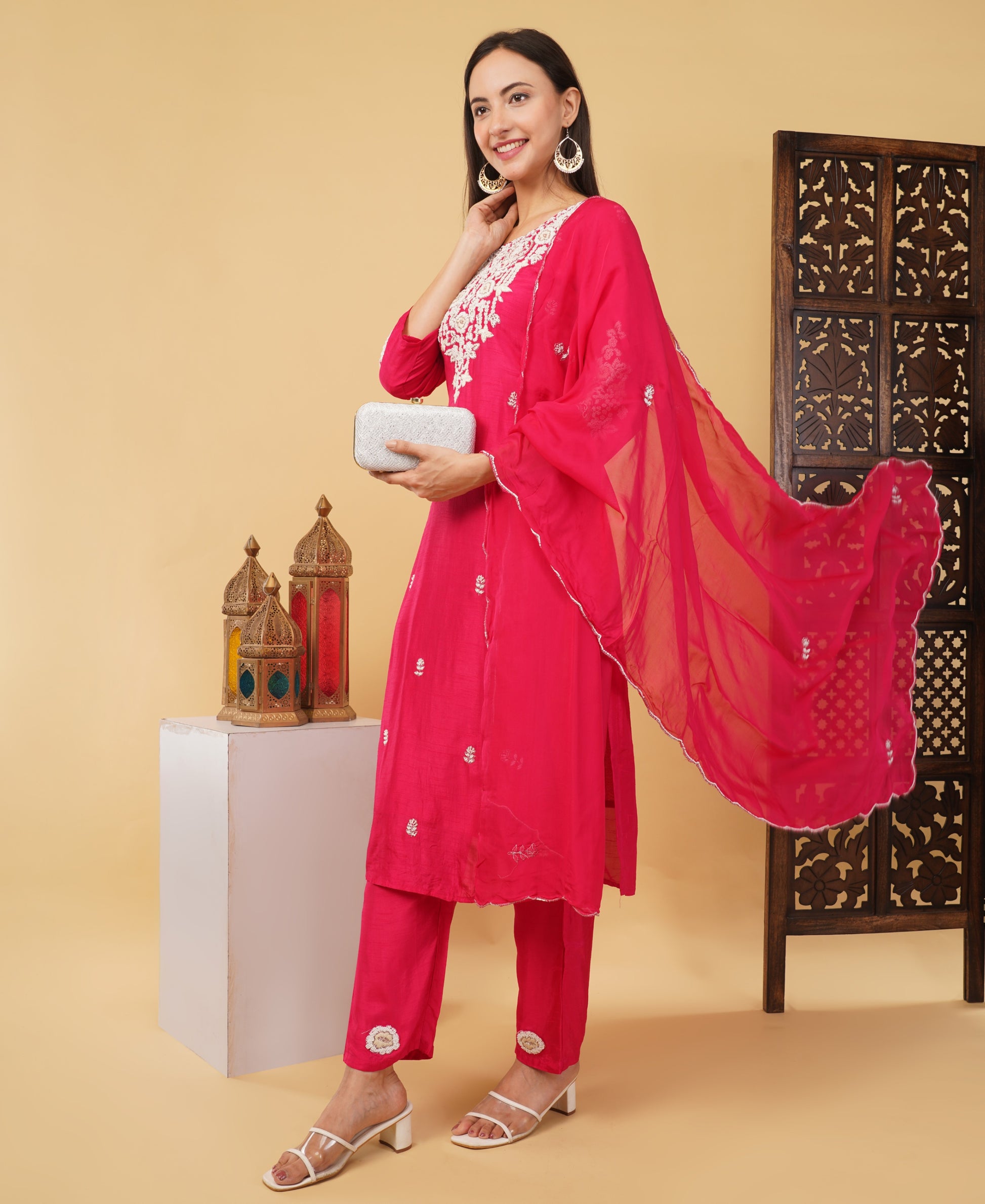 Pink Designer Ethnic Embroidered Kurta Set with Dupatta & Pants - Prisachi Official
