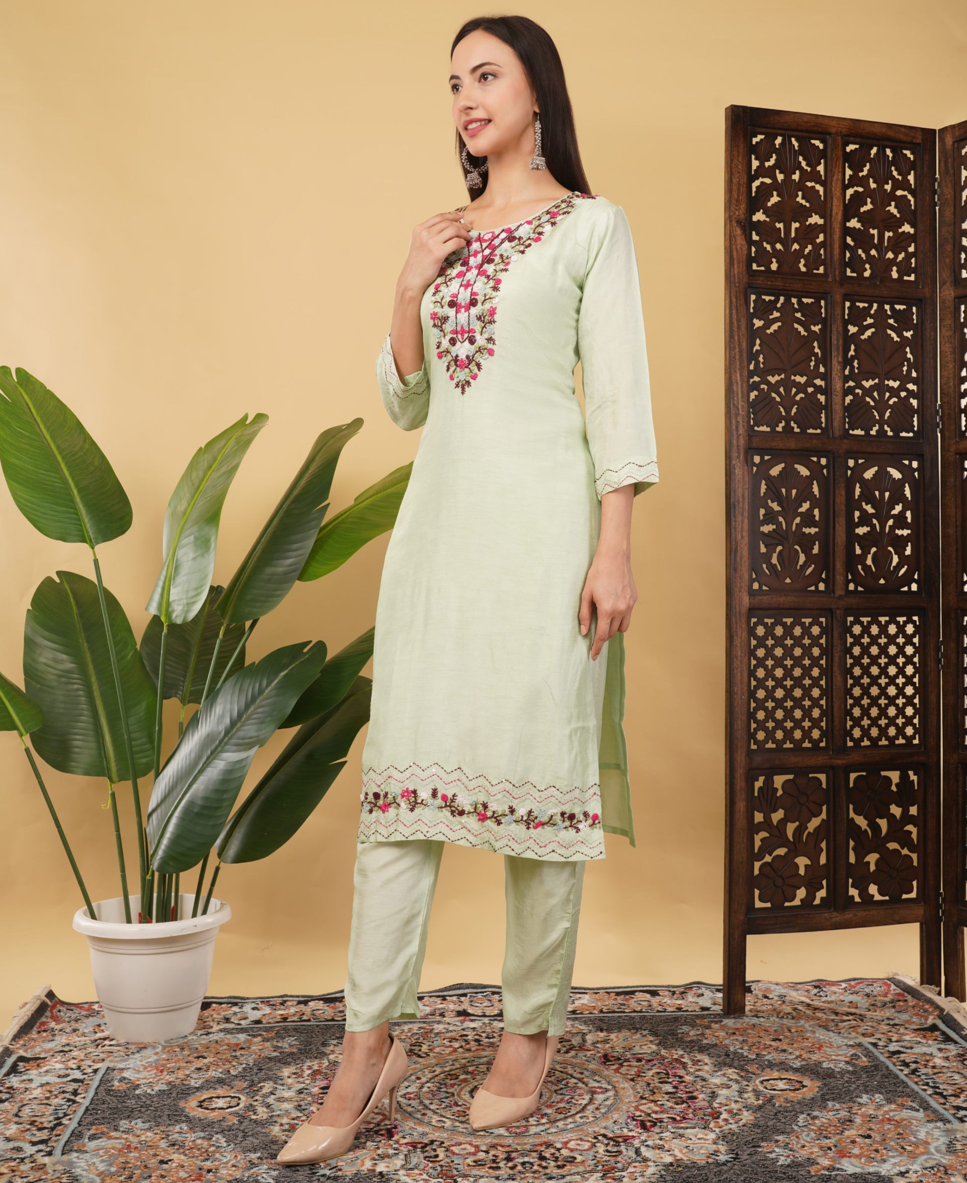 Pista Green Designer Embroidered Ethnic Kurta Set with Pant & Dupatta - Prisachi Official