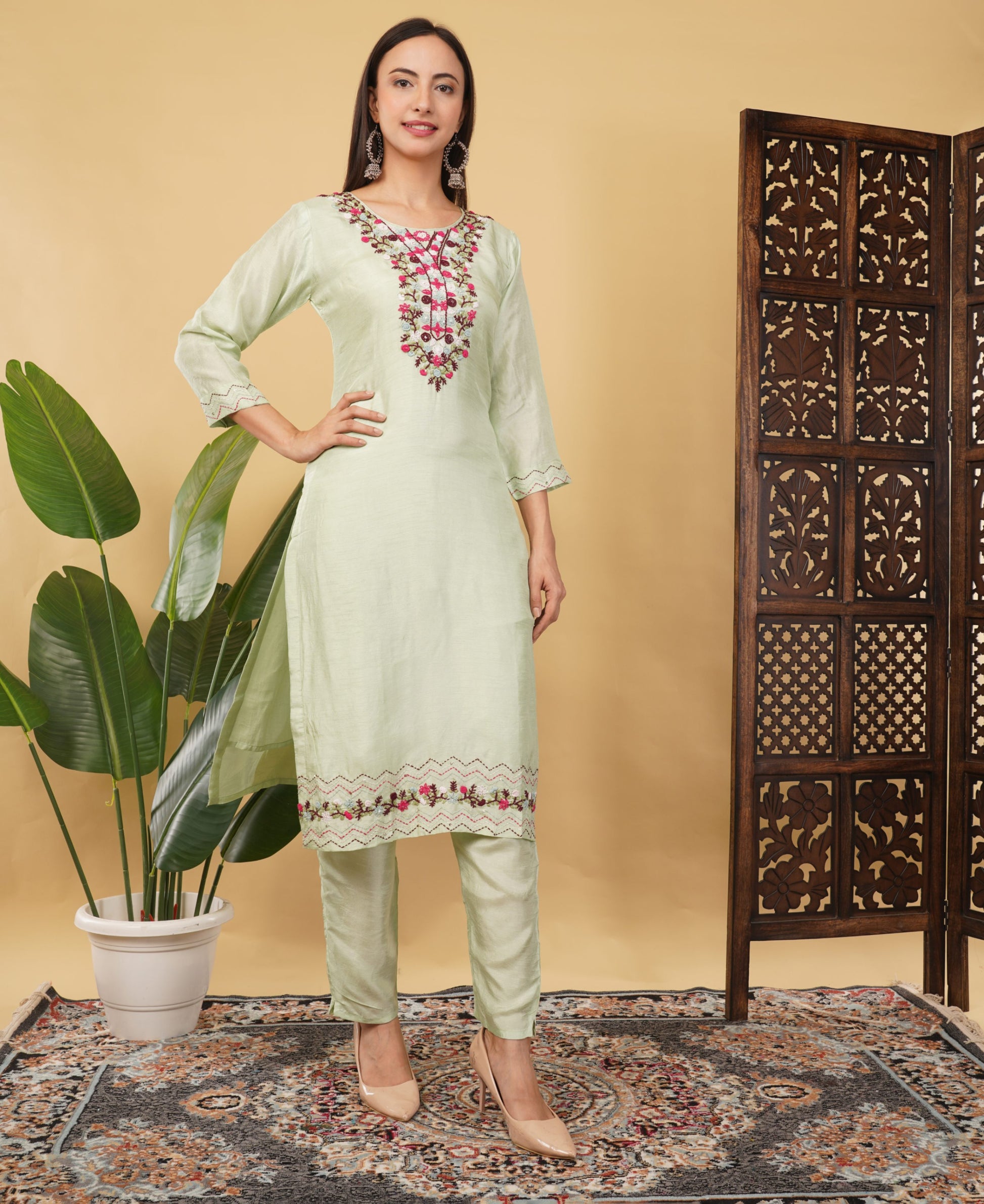 Pista Green Designer Embroidered Ethnic Kurta Set with Pant & Dupatta - Prisachi Official