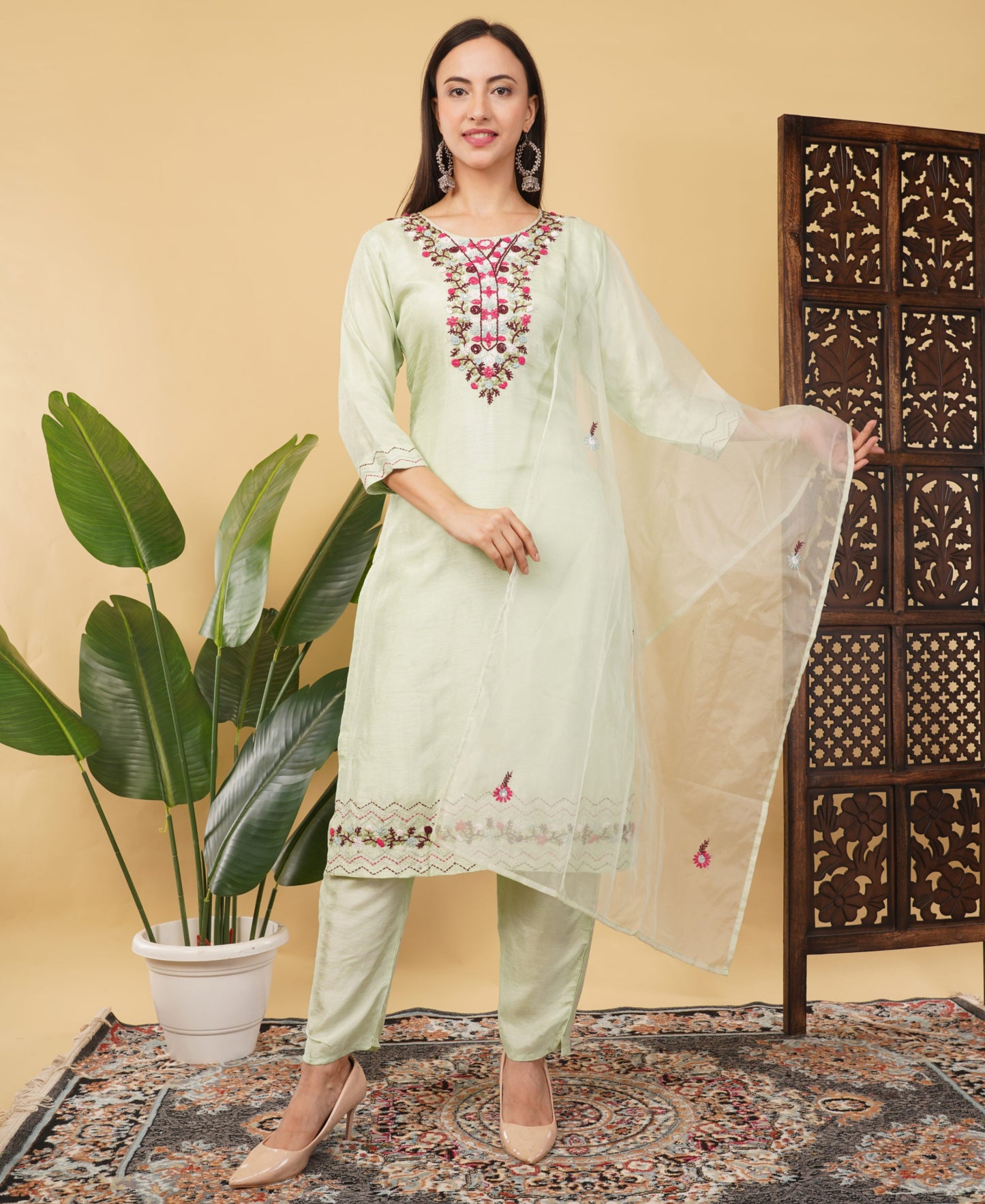 Pista Green Designer Embroidered Ethnic Kurta Set with Pant & Dupatta - Prisachi Official