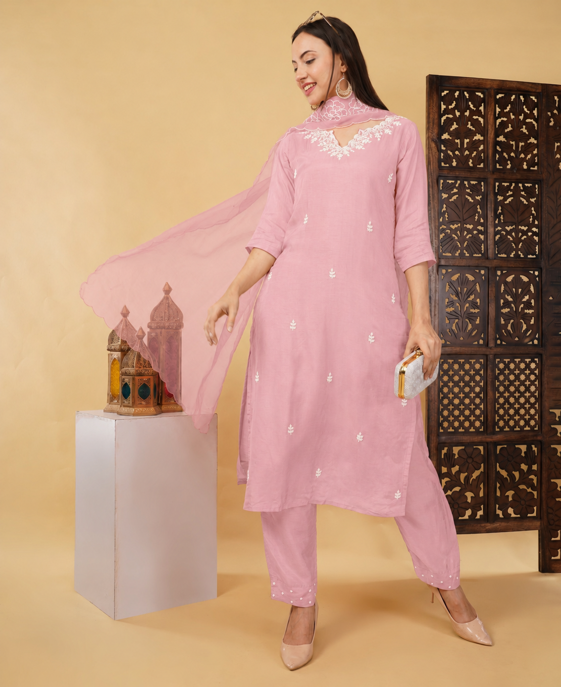 Embroidered Ethnic Kurta set with Pants and Dupatta For Women's | Festive Traditional Suit Set