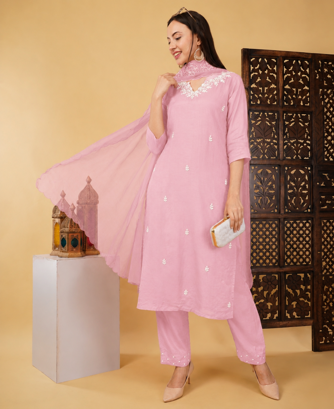 Embroidered Ethnic Kurta set with Pants and Dupatta For Women's | Festive Traditional Suit Set