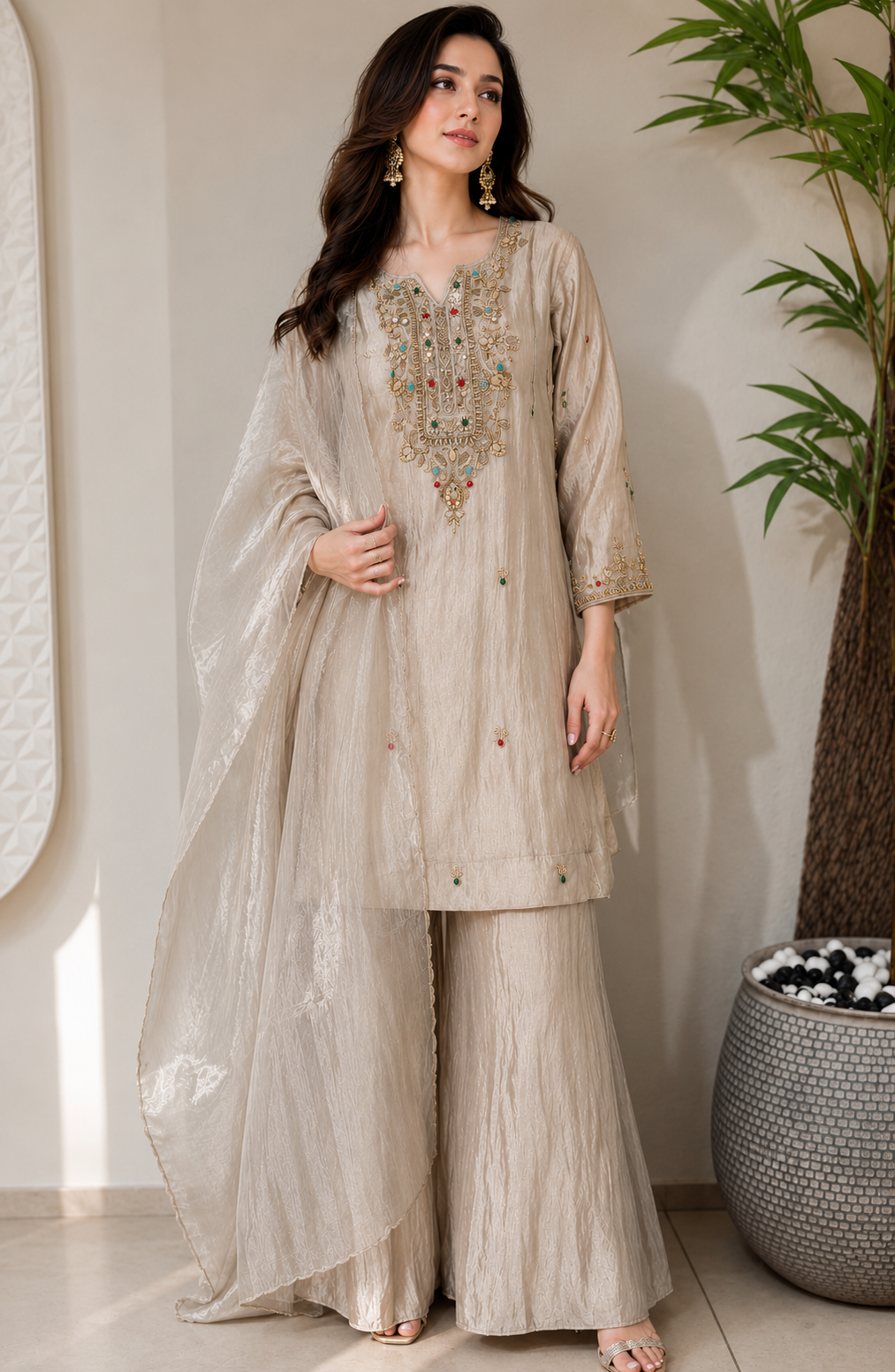 Light Grey Zardozi Embroidered Ethnic Kurta Set for Women with Pants & Dupatta - Prisachi Official