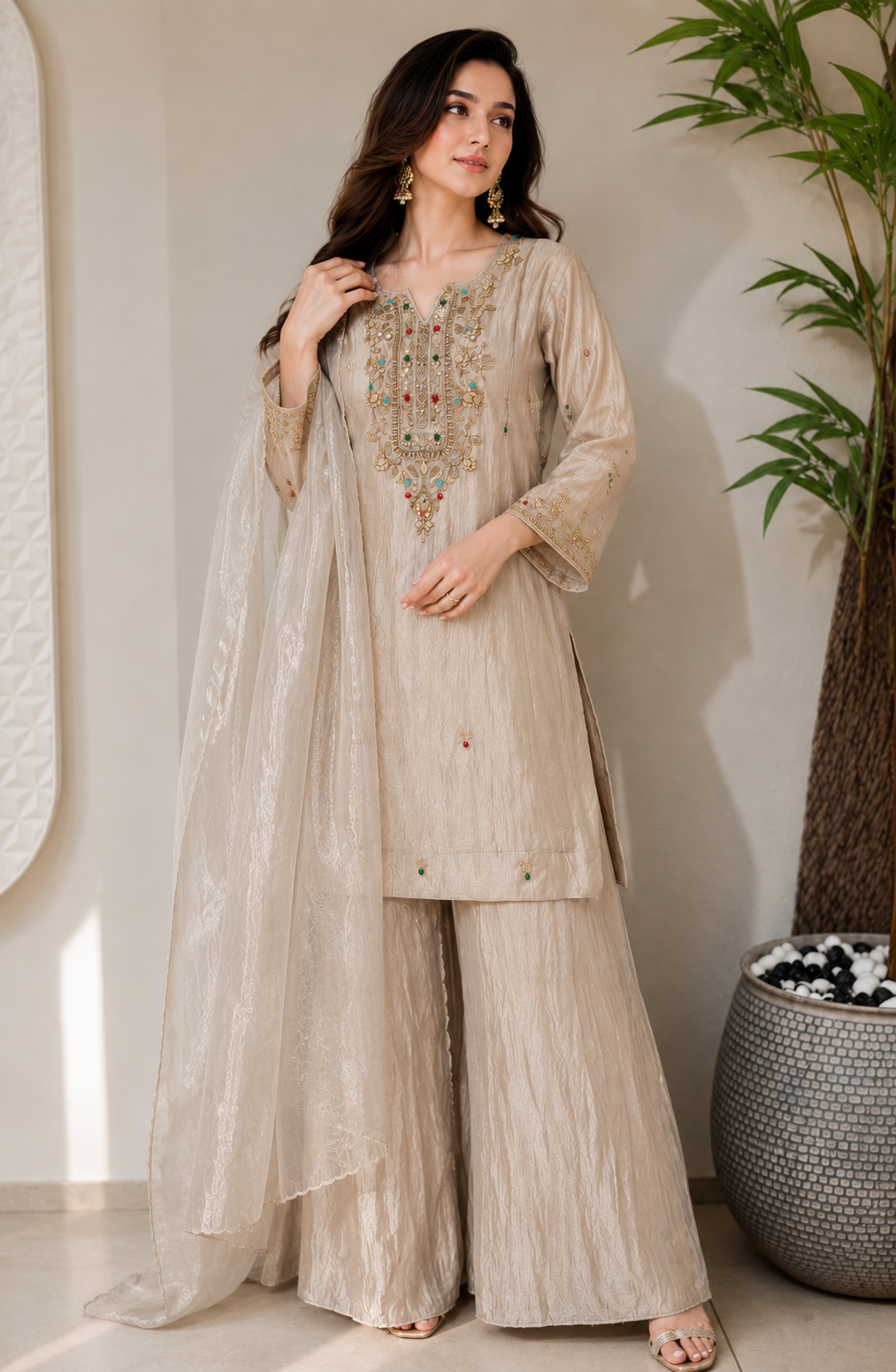 Light Grey Zardozi Embroidered Ethnic Kurta Set for Women with Pants & Dupatta - Prisachi Official