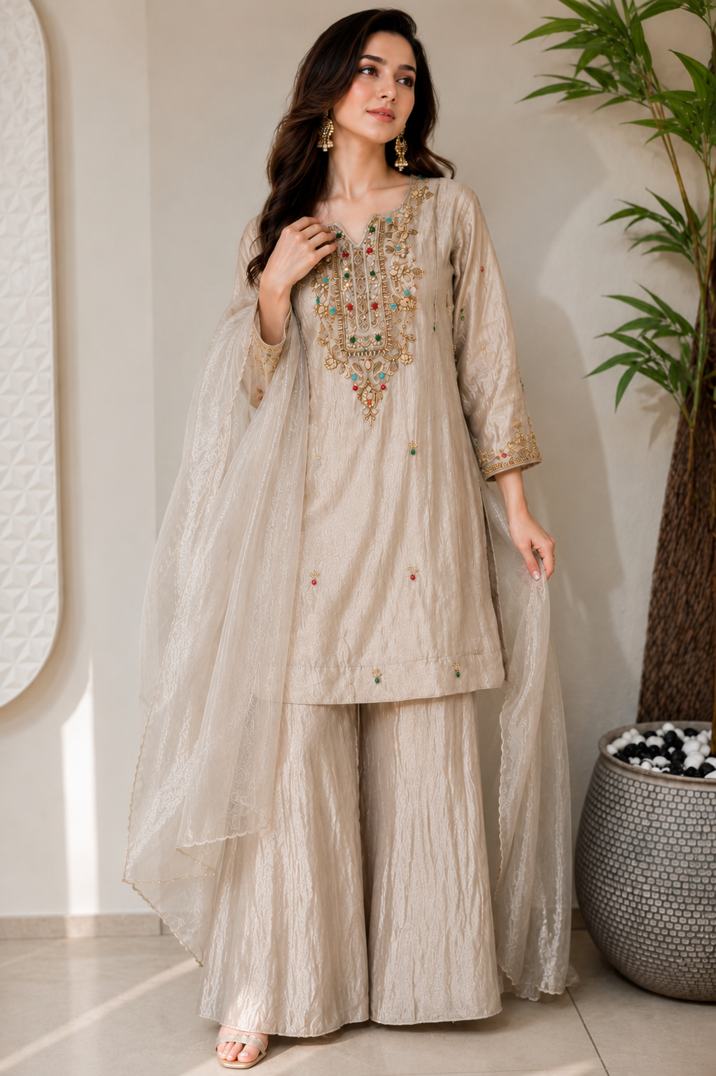 Light Grey Zardozi Embroidered Ethnic Kurta Set for Women with Pants & Dupatta - Prisachi Official