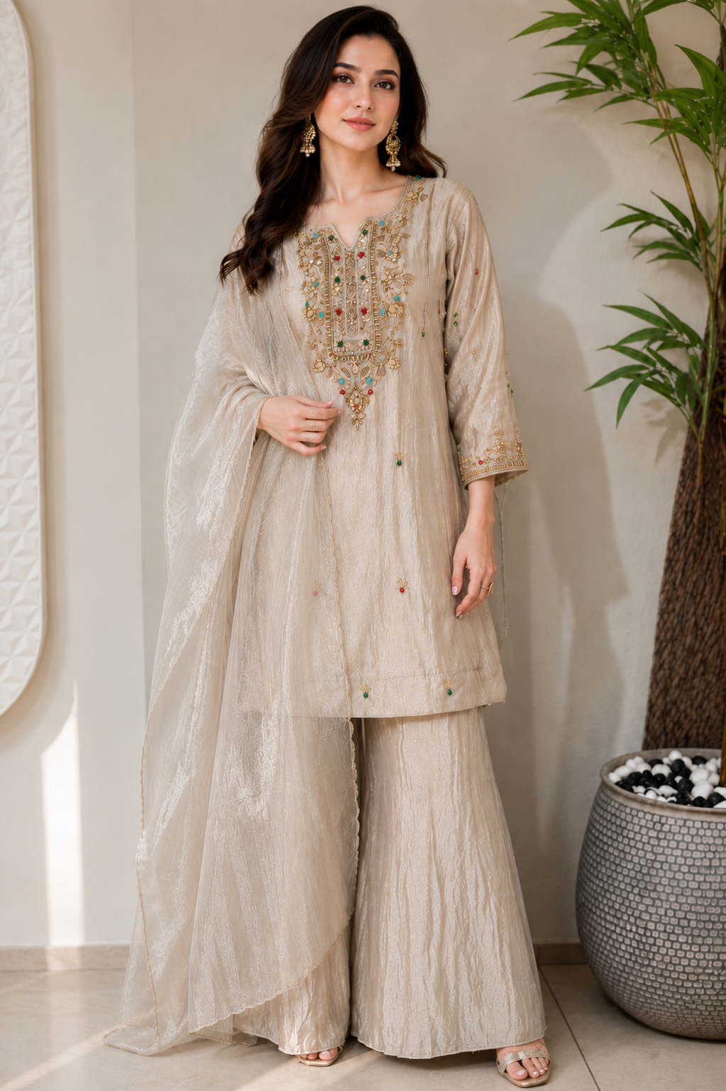 Light Grey Zardozi Embroidered Ethnic Kurta Set for Women with Pants & Dupatta - Prisachi Official
