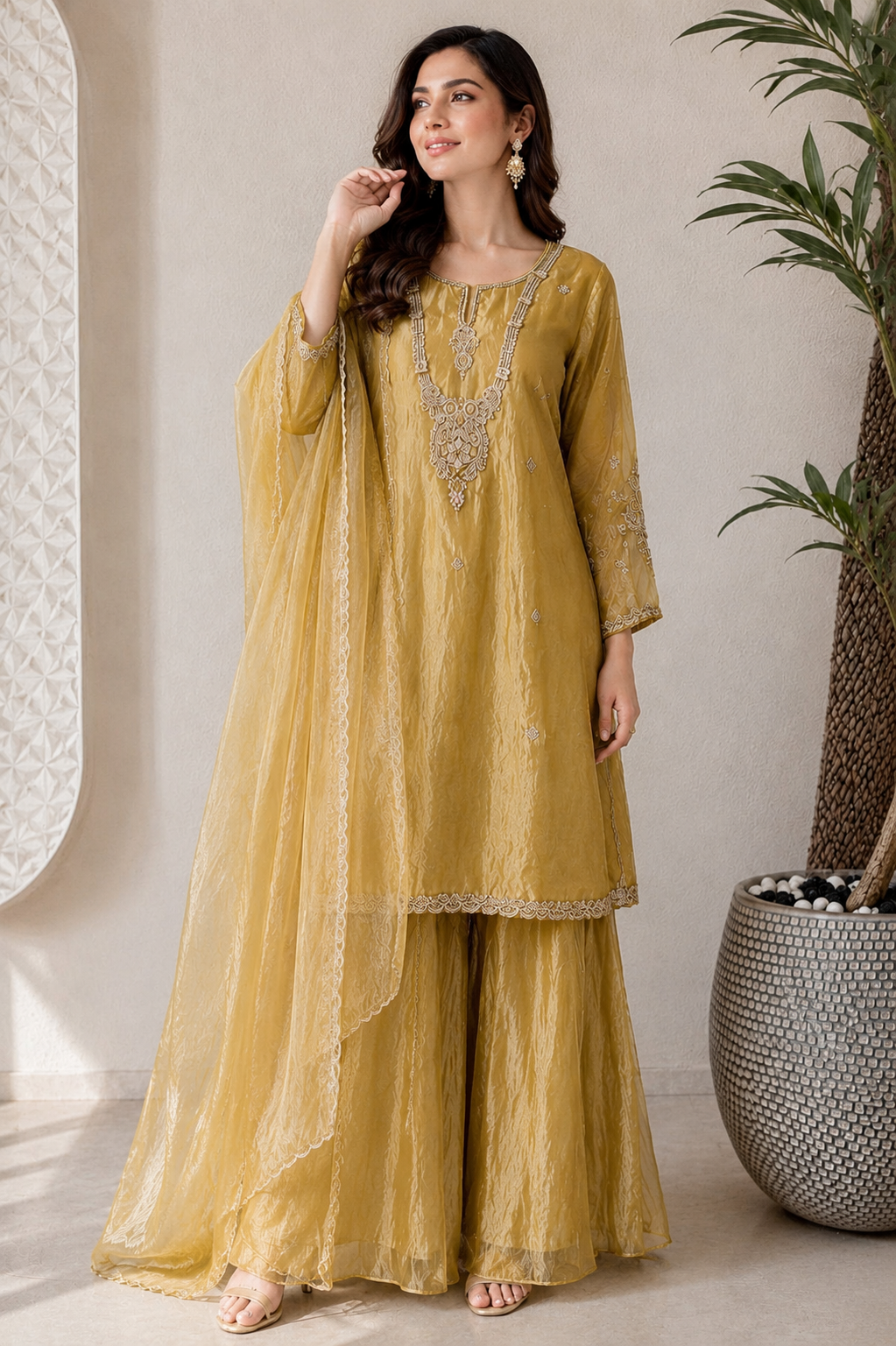 Yellow Zardozi Embroidered Ethnic Kurta Set for Women with Pants & Dupatta | Festive and Party Wear - Prisachi Official
