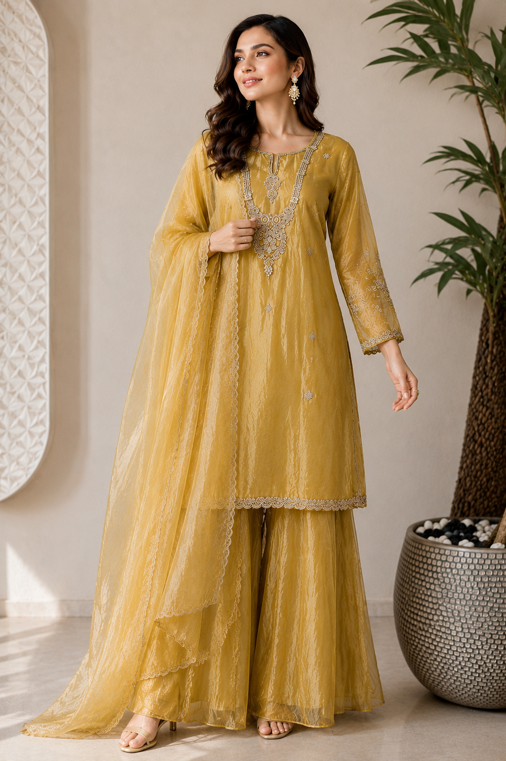 Yellow Zardozi Embroidered Ethnic Kurta Set for Women with Pants & Dupatta | Festive and Party Wear - Prisachi Official