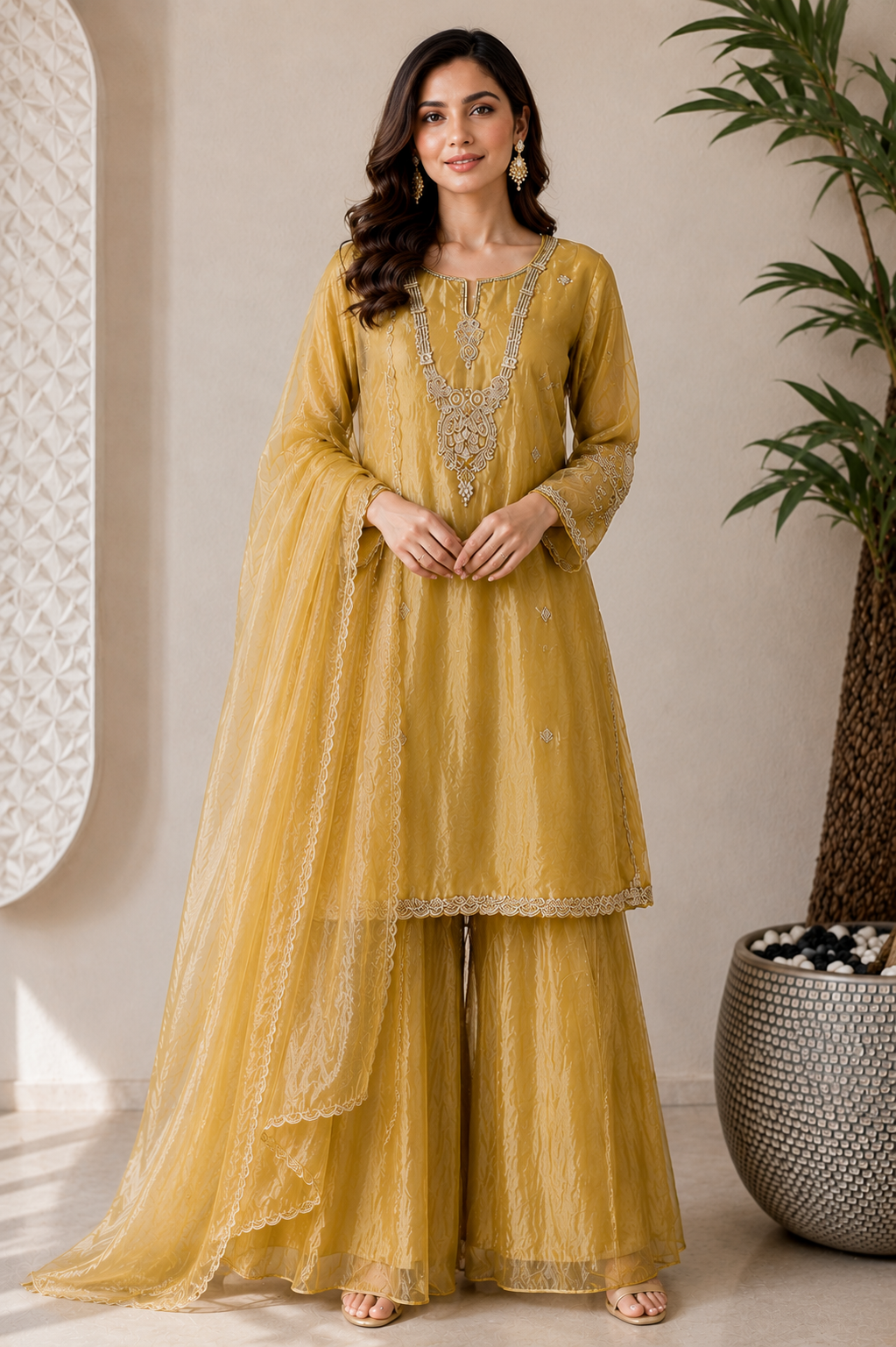 Yellow Zardozi Embroidered Ethnic Kurta Set for Women with Pants & Dupatta | Festive and Party Wear - Prisachi Official
