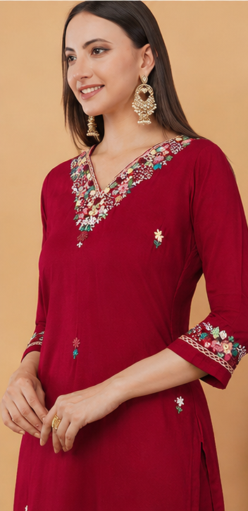 Maroon Thread Embroidered Kurti Pant Co-ord Set for women | Ethnic Office & Daily Wear