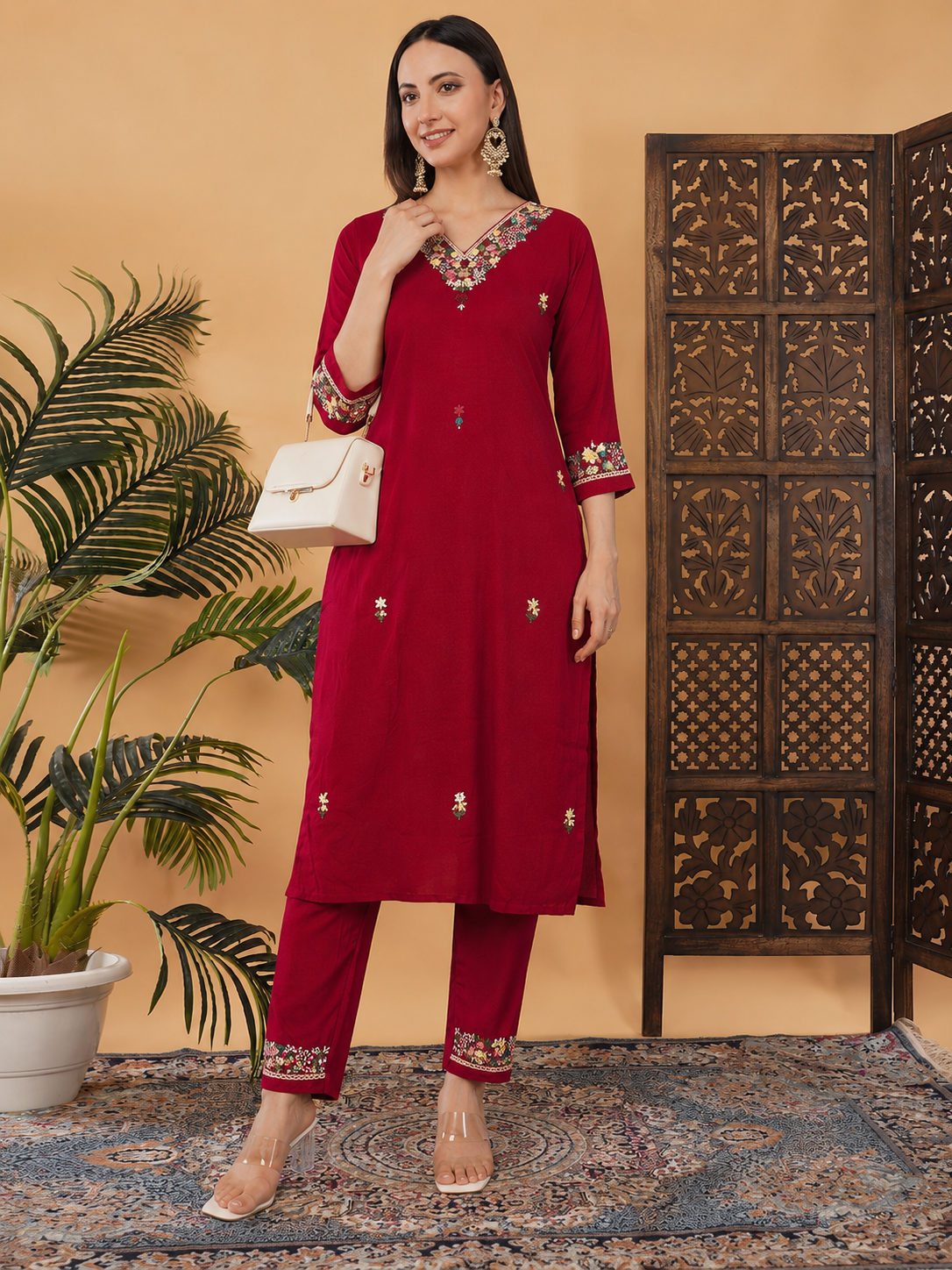 Maroon Thread Embroidered Kurti Pant Co-ord Set for women | Ethnic Office & Daily Wear