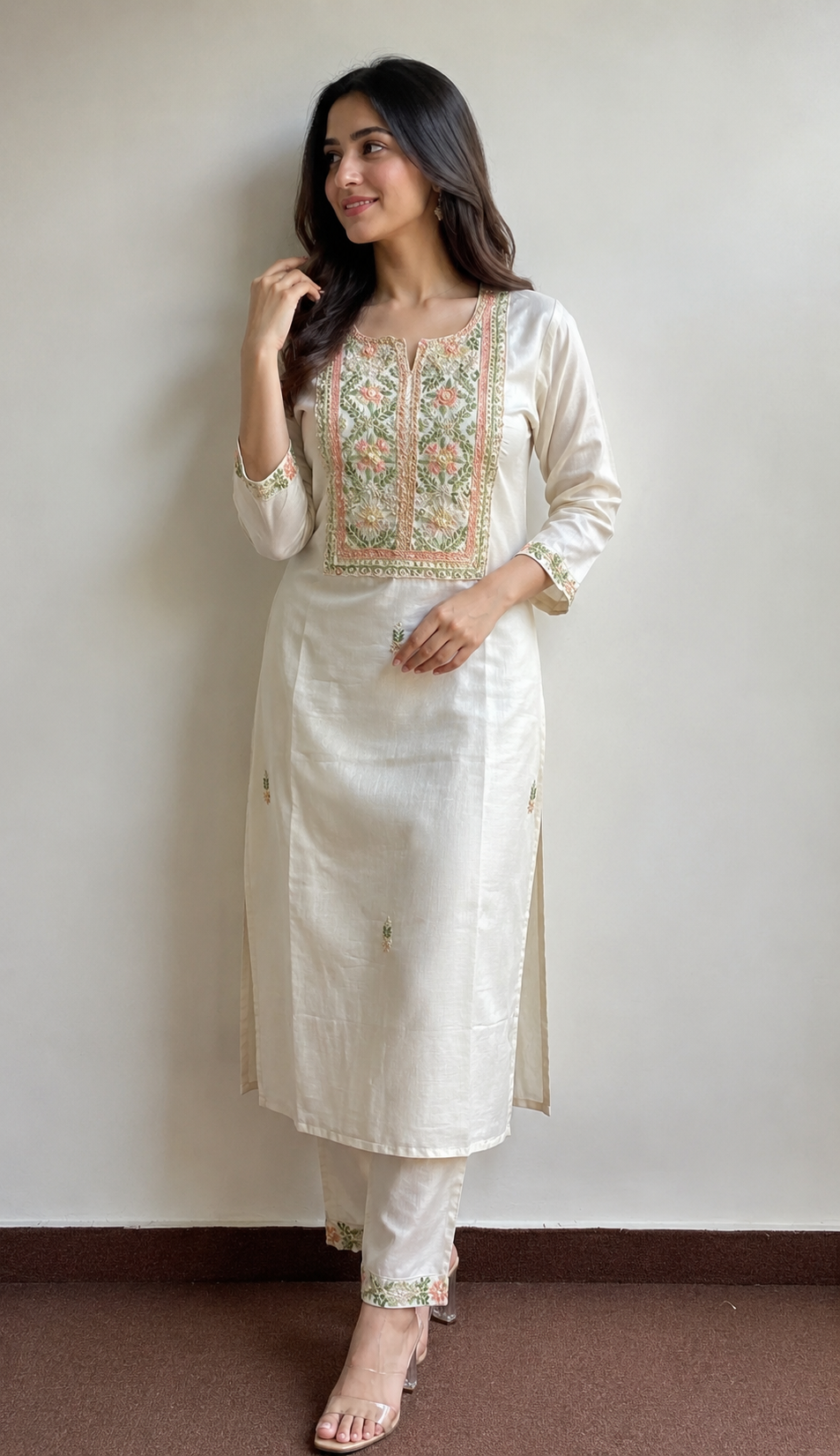 White Embroidered Ethnic Kurta With Pants | Office and Daily Wear Co-Ord Set